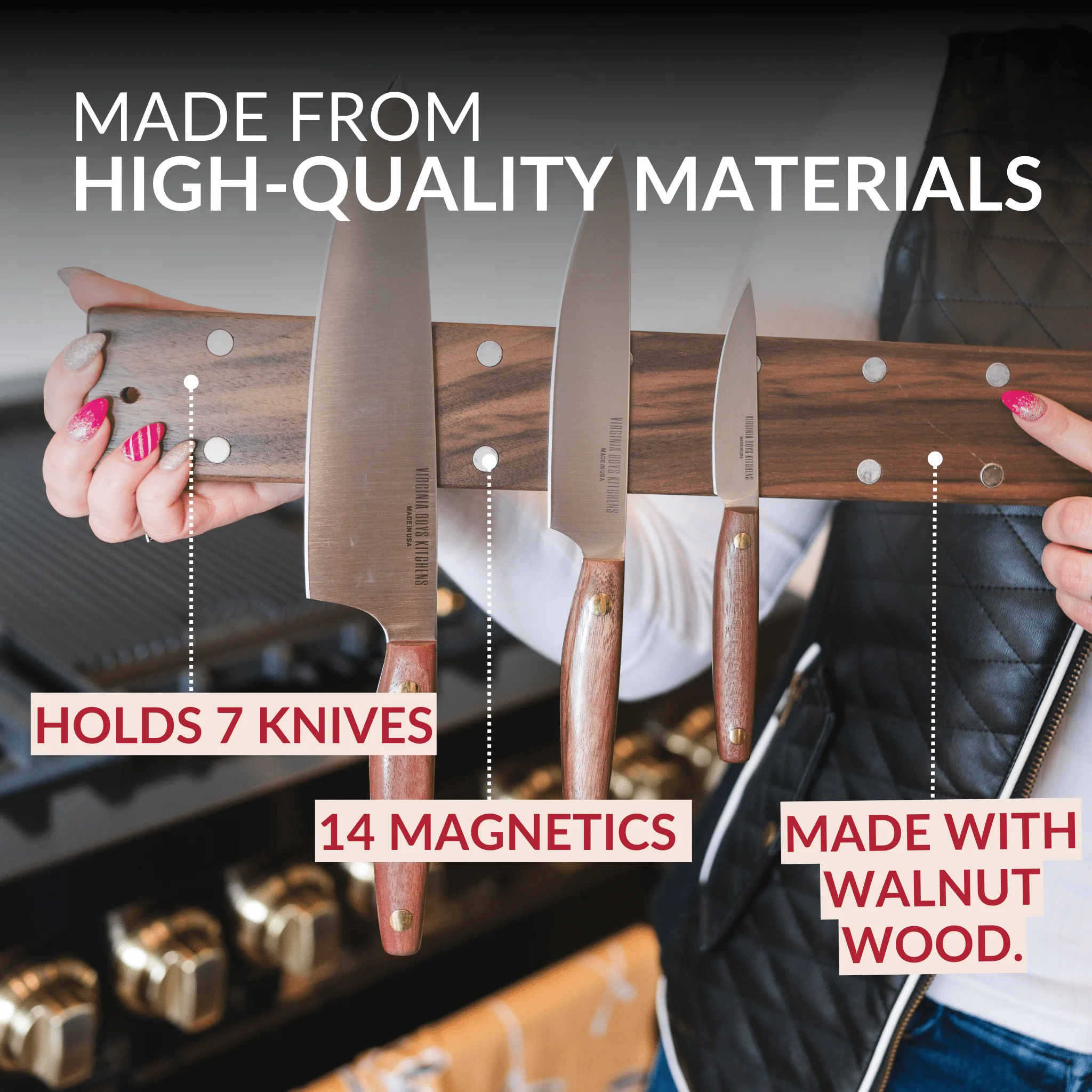 16" Wall Mounted Magnetic Walnut Wood Knife Rack - Holds 7 Knives - Image 3