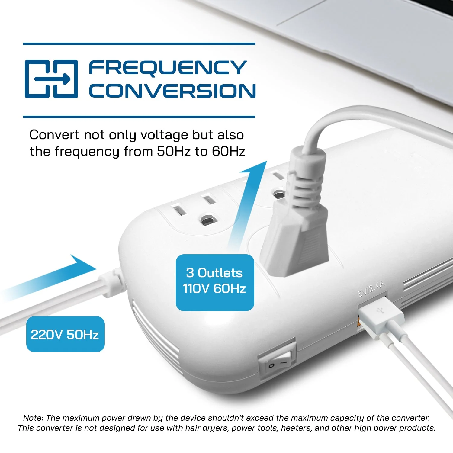 300W Step Down Converter – 3x USA Outlets & 1 USB-A + 1 USB-C PD 18W – AC 220-240V 50Hz to 110-120V 60Hz Travel Voltage & Frequency Converter - (PU-300-WS) - Image 7