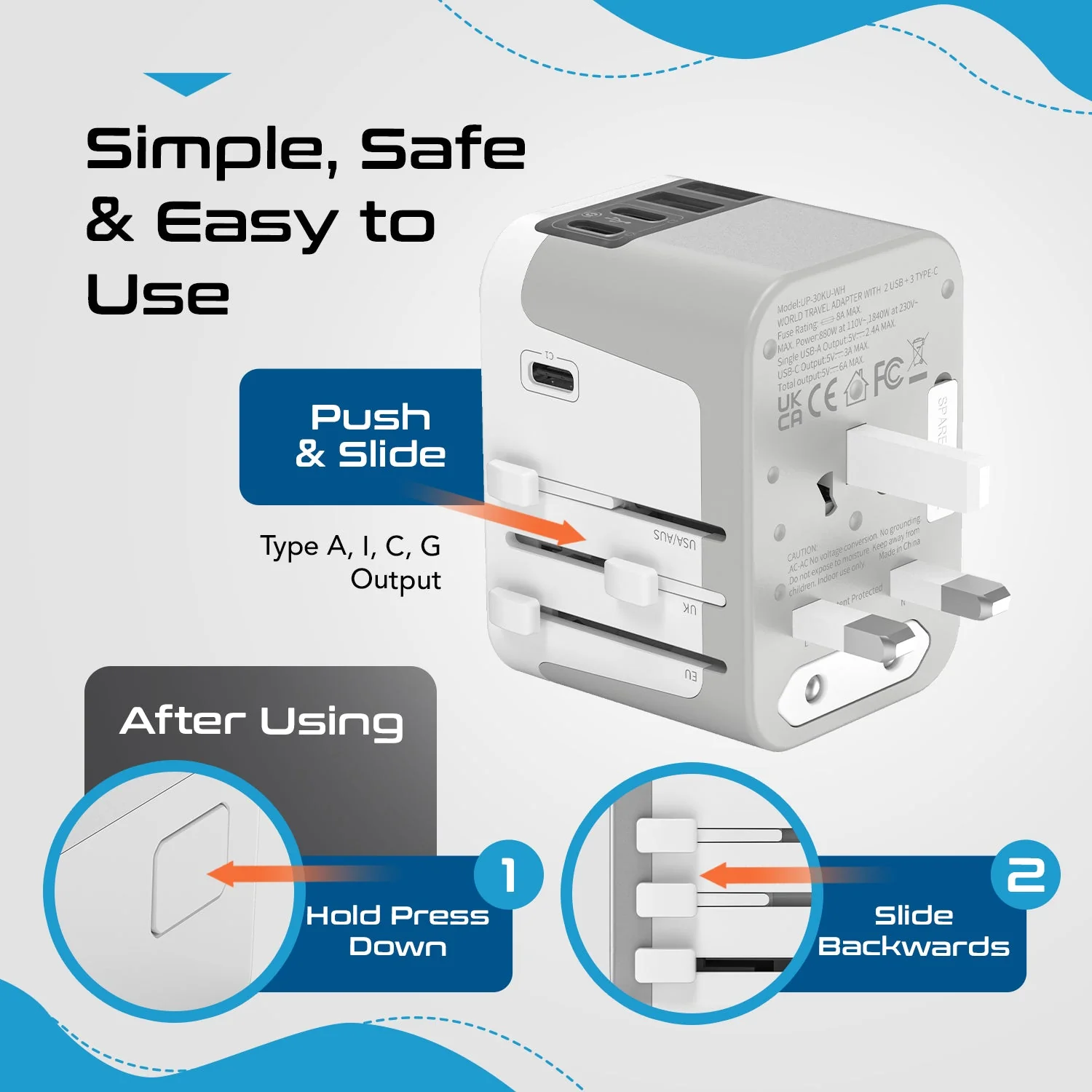 30W 6 in 1 Universal Travel Adapter - 2 USB-A + 3 USB-C - Max. 30W (6A) - White (UP-30KU-WH) - Image 8