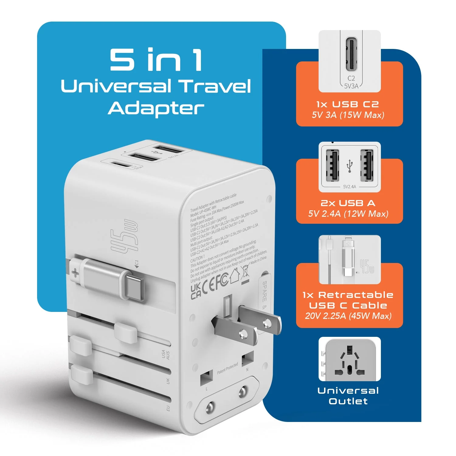 45W 5 in 1 Universal Travel Adapter - 2 USB-A + 1 retractable USB-C cable (PD 45W), & 1 USB-C - Max. 45W (9A) - White (UP-45WC-WH) - Image 2
