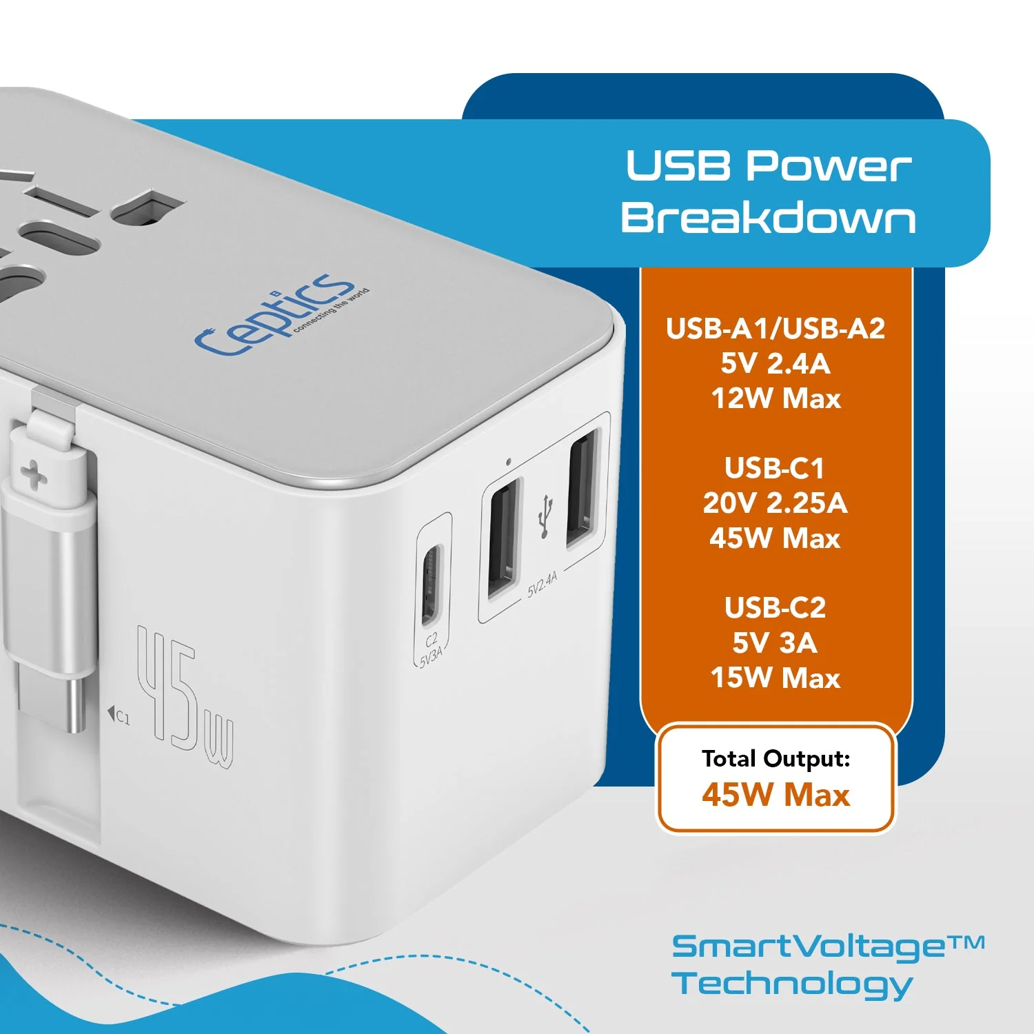 45W 5 in 1 Universal Travel Adapter - 2 USB-A + 1 retractable USB-C cable (PD 45W), & 1 USB-C - Max. 45W (9A) - White (UP-45WC-WH) - Image 6