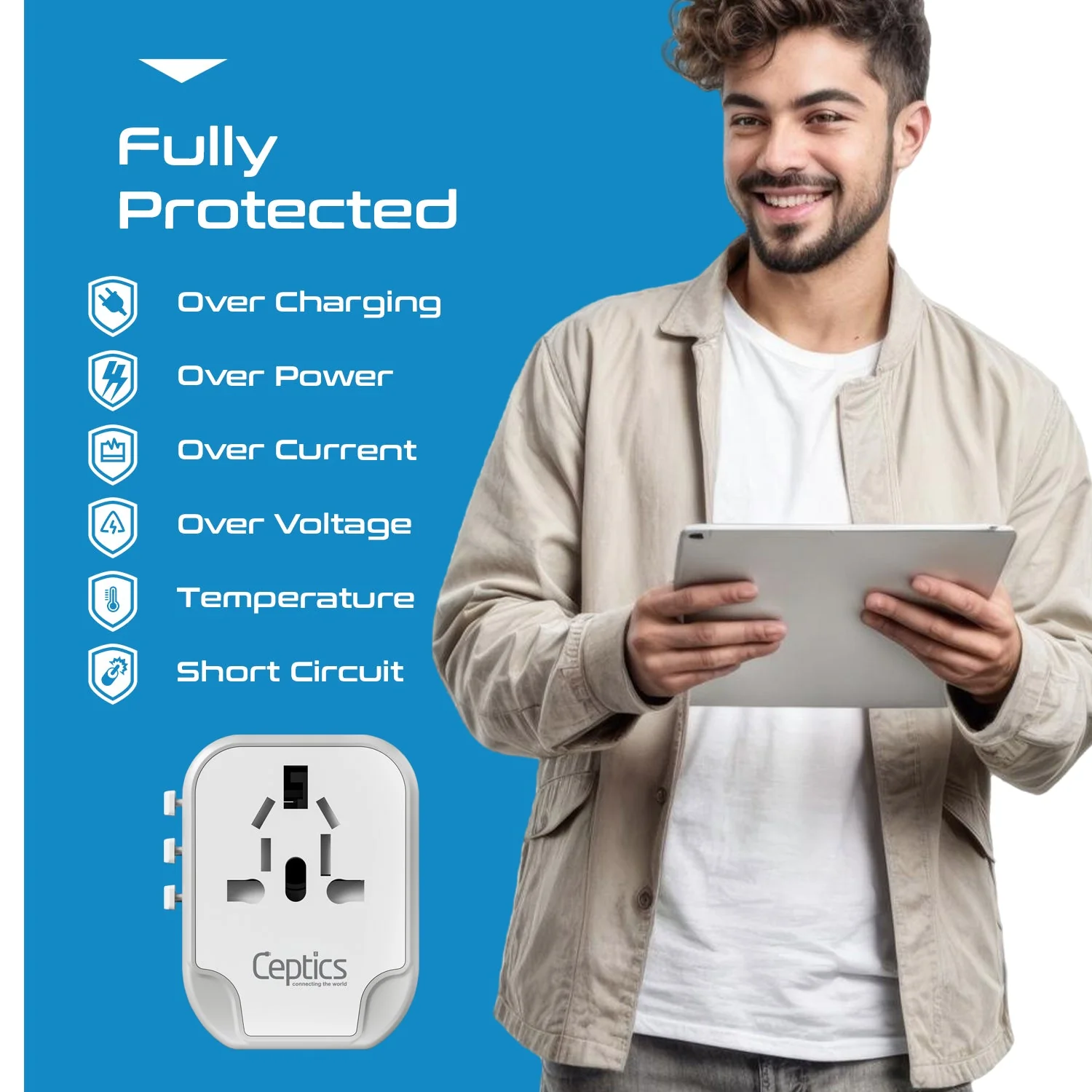 5 in 1 Universal Travel Adapter - 2 USB-A + USB-C - Max. 17W (3.4A) - White (UP-16KU-WH) - Image 12