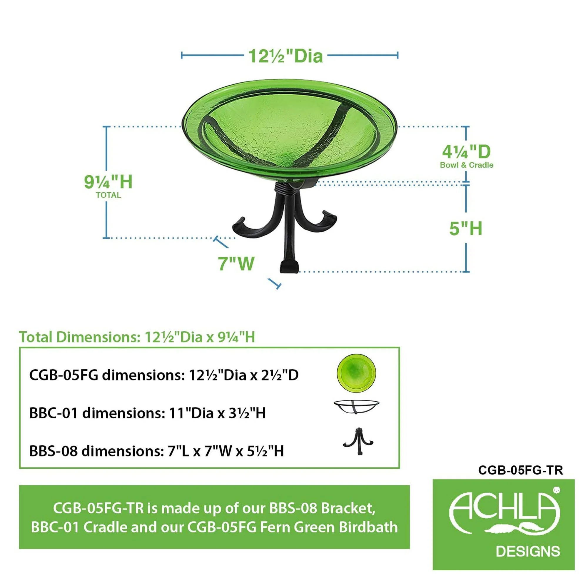 Achla Designs Hand Blown Crackle Glass Garden Birdbath with Tripod Stand, Green - Image 8