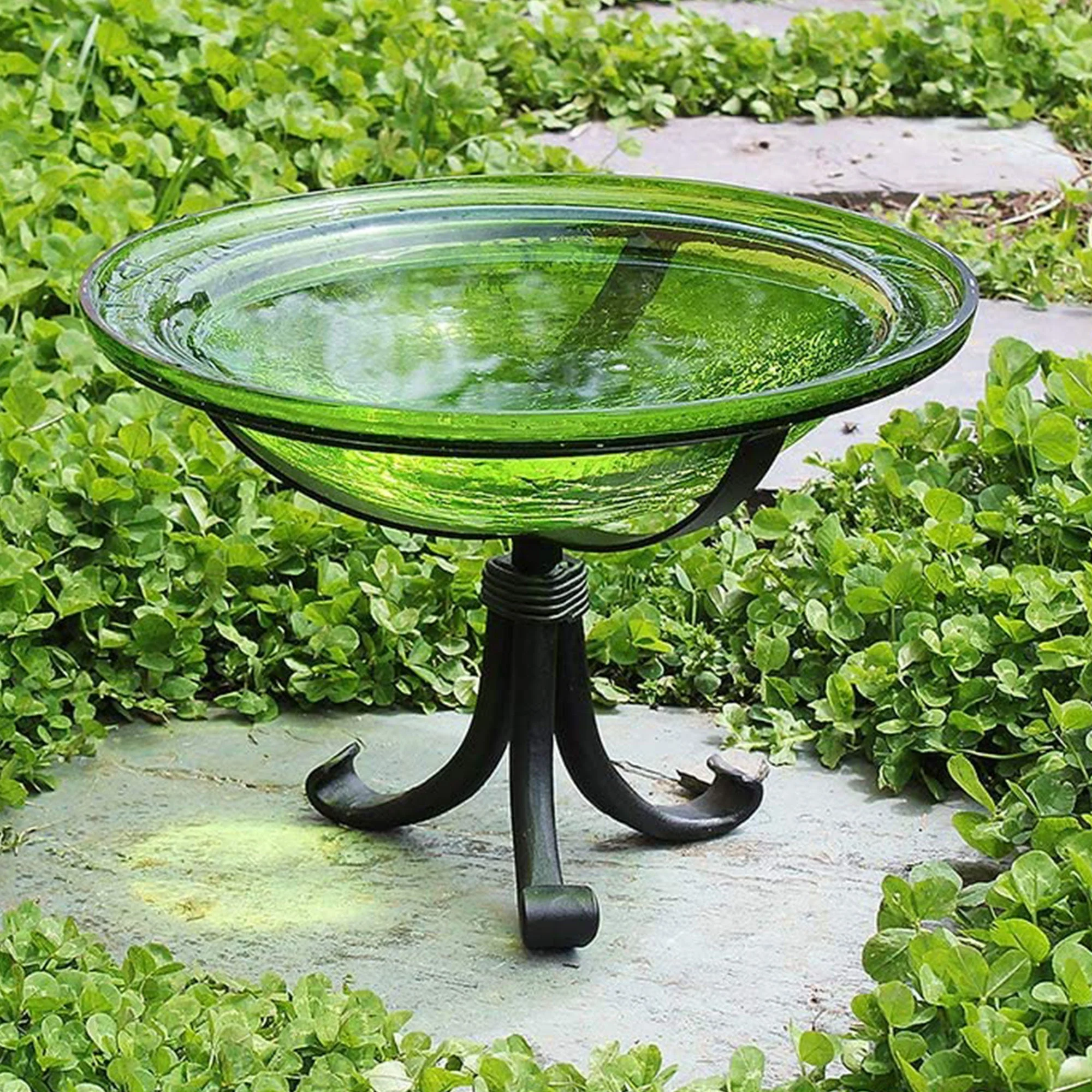 Achla Designs Hand Blown Crackle Glass Garden Birdbath with Tripod Stand, Green - Image 9