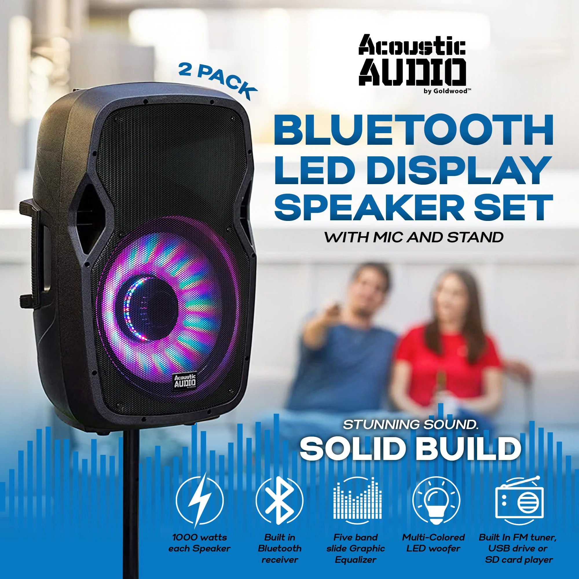 Acoustic Audio by Goldwood 1000W Bluetooth Speaker with Flashing LEDs, 2 Pack - Image 2