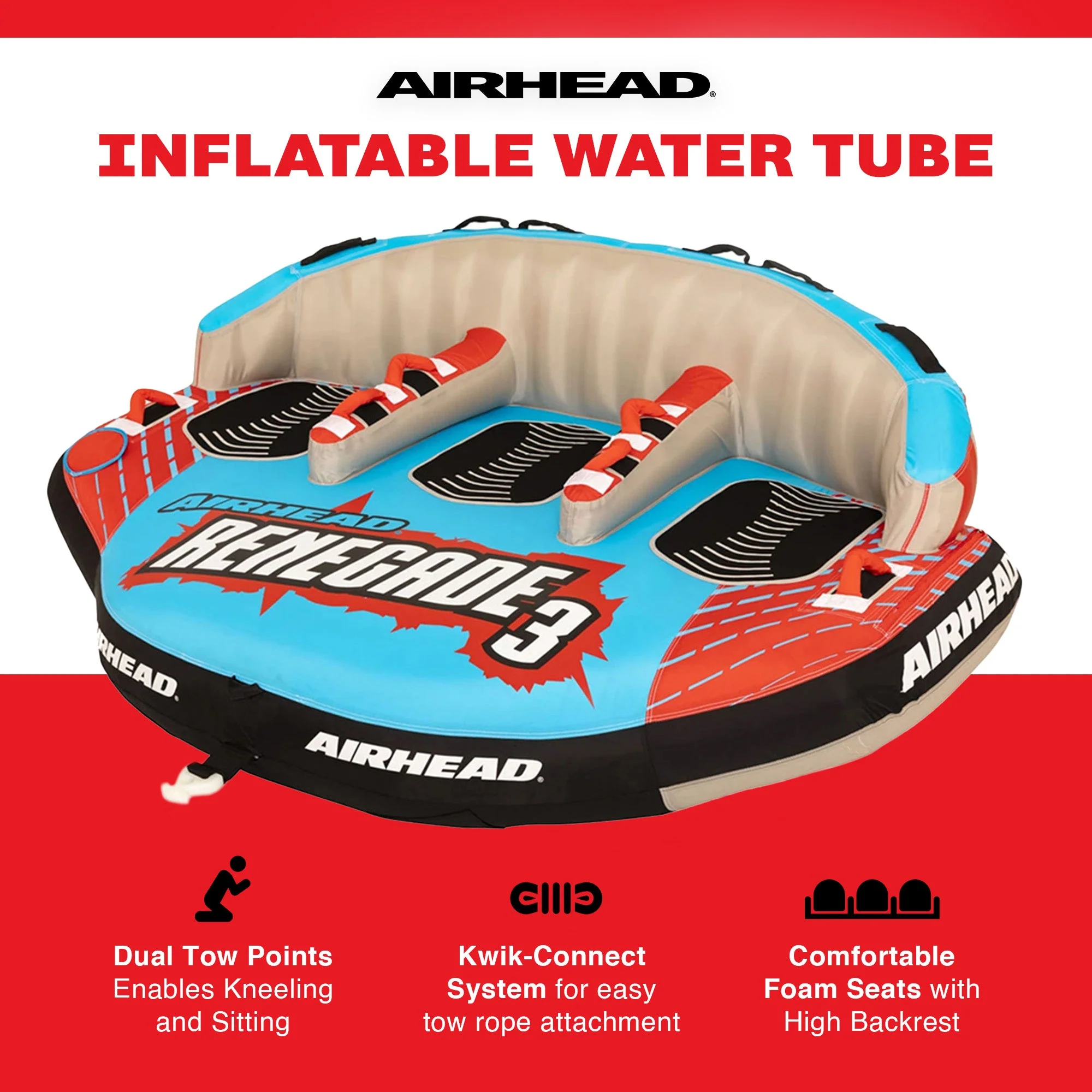 Airhead Renegade 3 Person Inflatable Towable Water Tube Kit w/ Boat Rope & Pump - Image 4