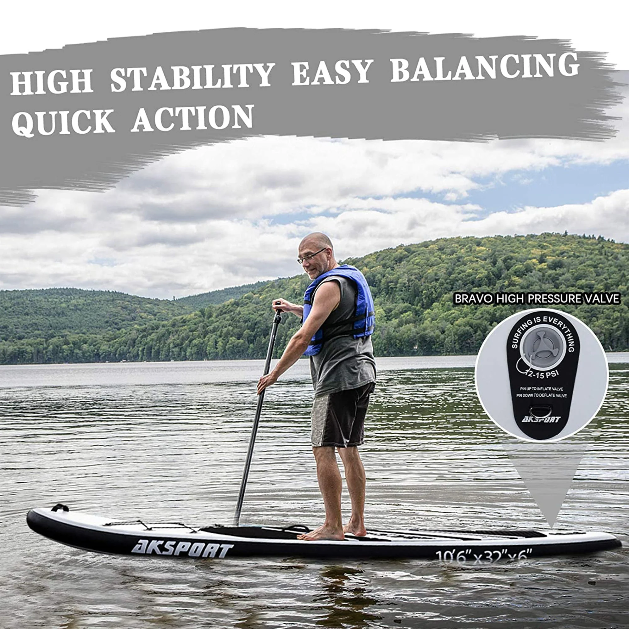 AKSPORT 10'6" Inflatable SUP All Around Stand Up Paddle Board Kit, Black/White - Image 7