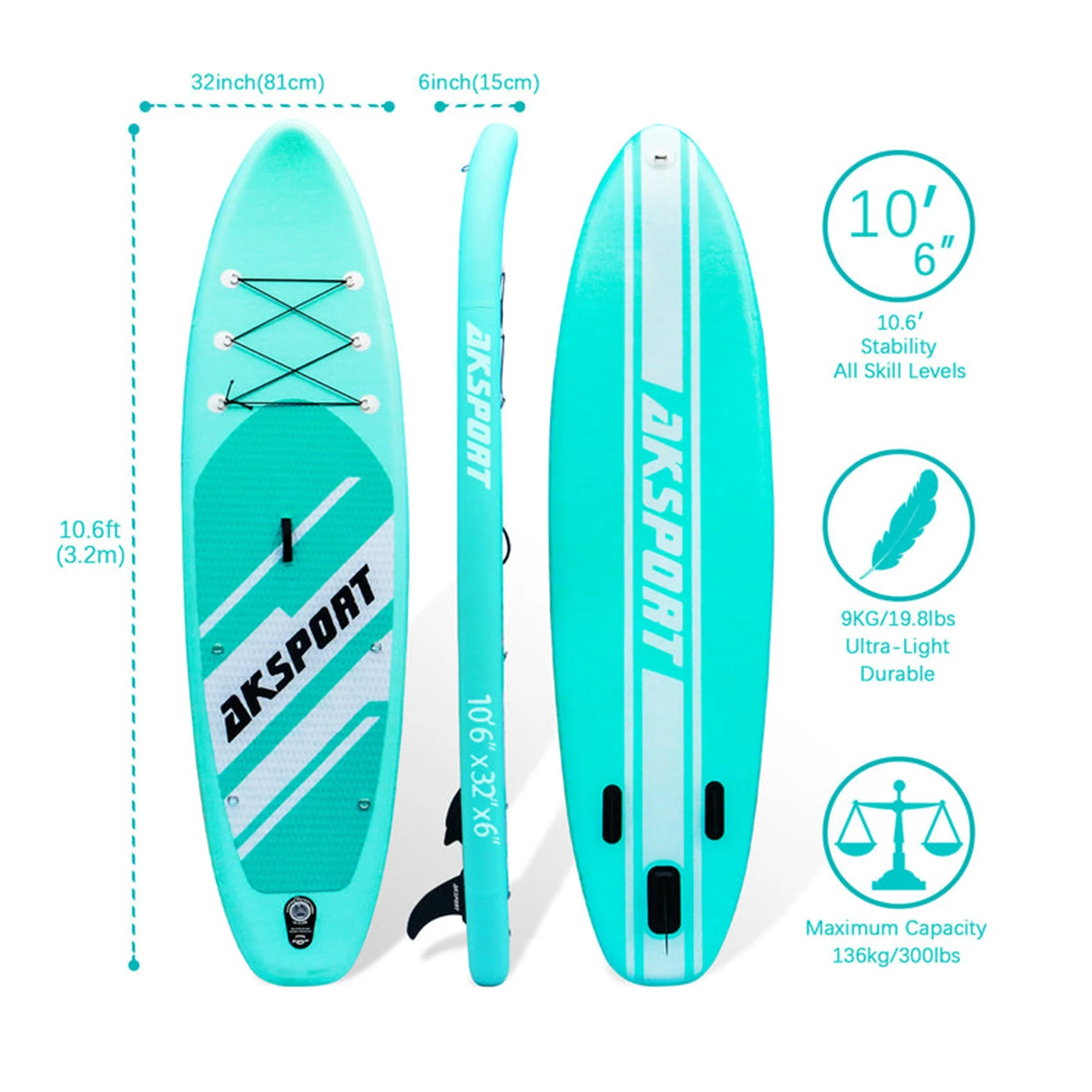 AKSPORT 10'6" Inflatable SUP All Around Stand Up Paddle Board Kit, Mint Green - Image 5