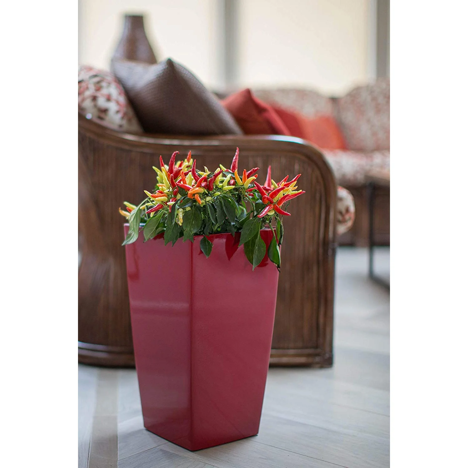 Algreen Modena 22" Inside/Outside Self-Watering Square Planter Pot w/Wheels, Red - Image 8