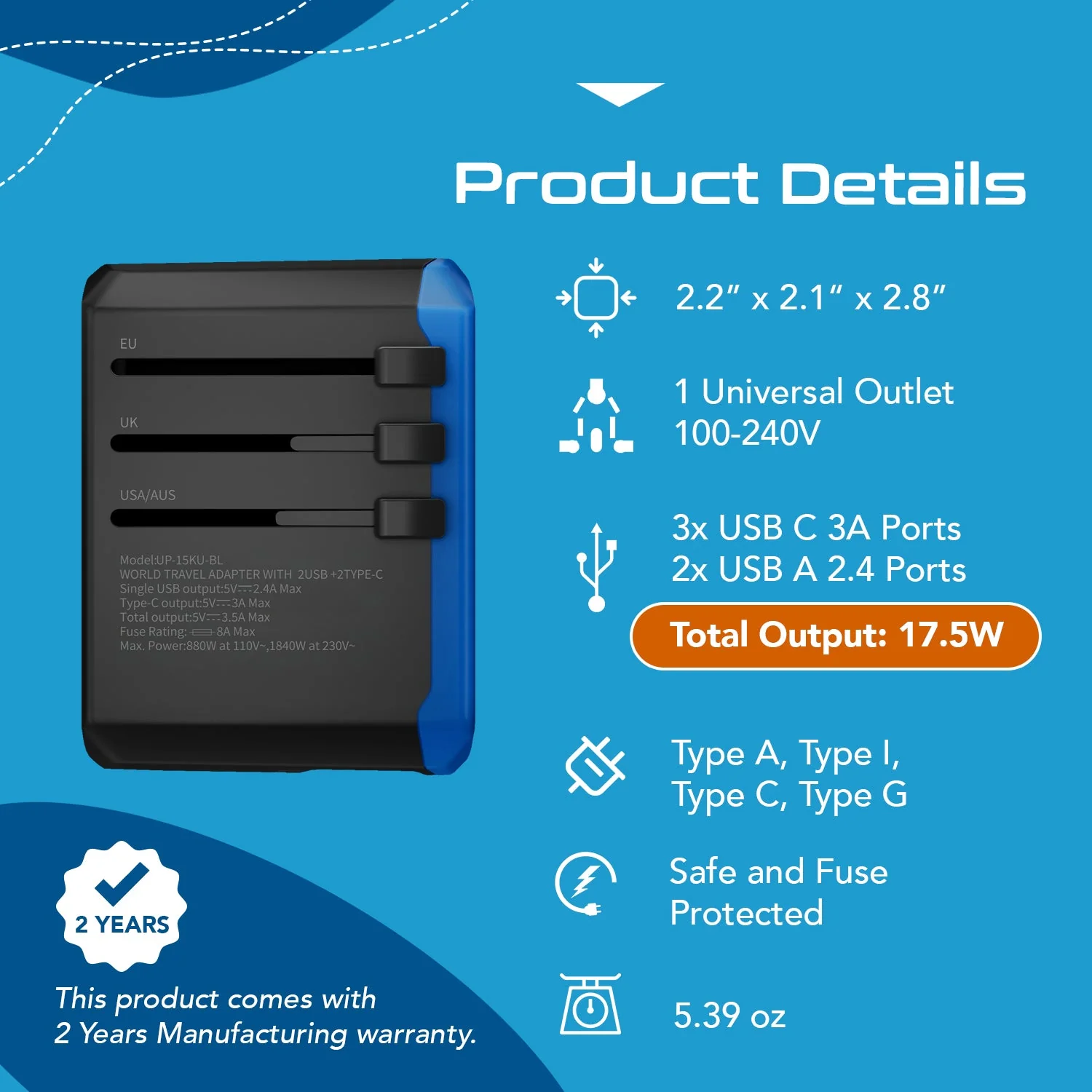 All-In-One International Travel Adapter - 5 in 1 - 2 USB-A & 2 USB-C - Max. 17.5W (3.5A) (UP-15KU-BL) - Image 4