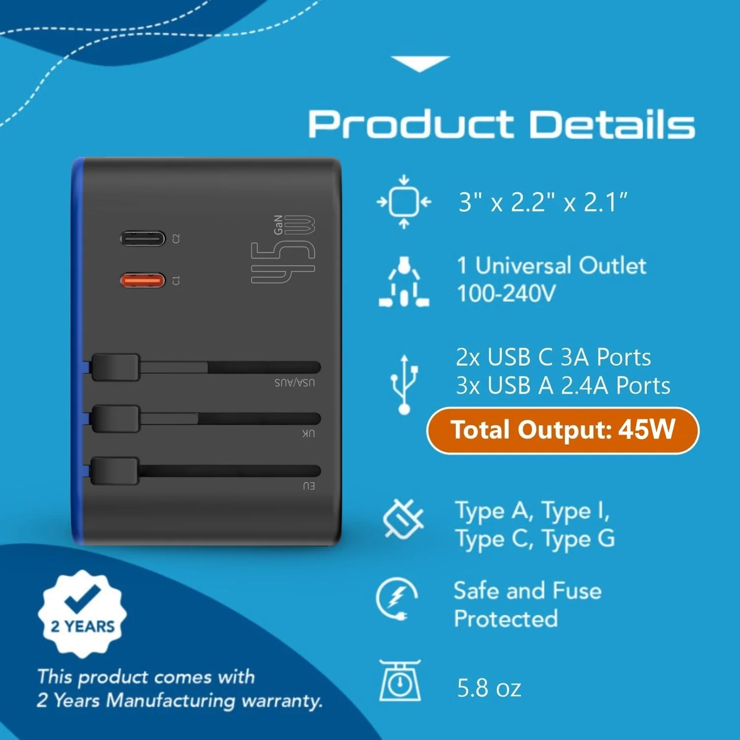 All-In-One International Travel Adapter Plug - 2 USB-C (PD & QC) - 3 USB Ports (UP-11KU) - Image 6