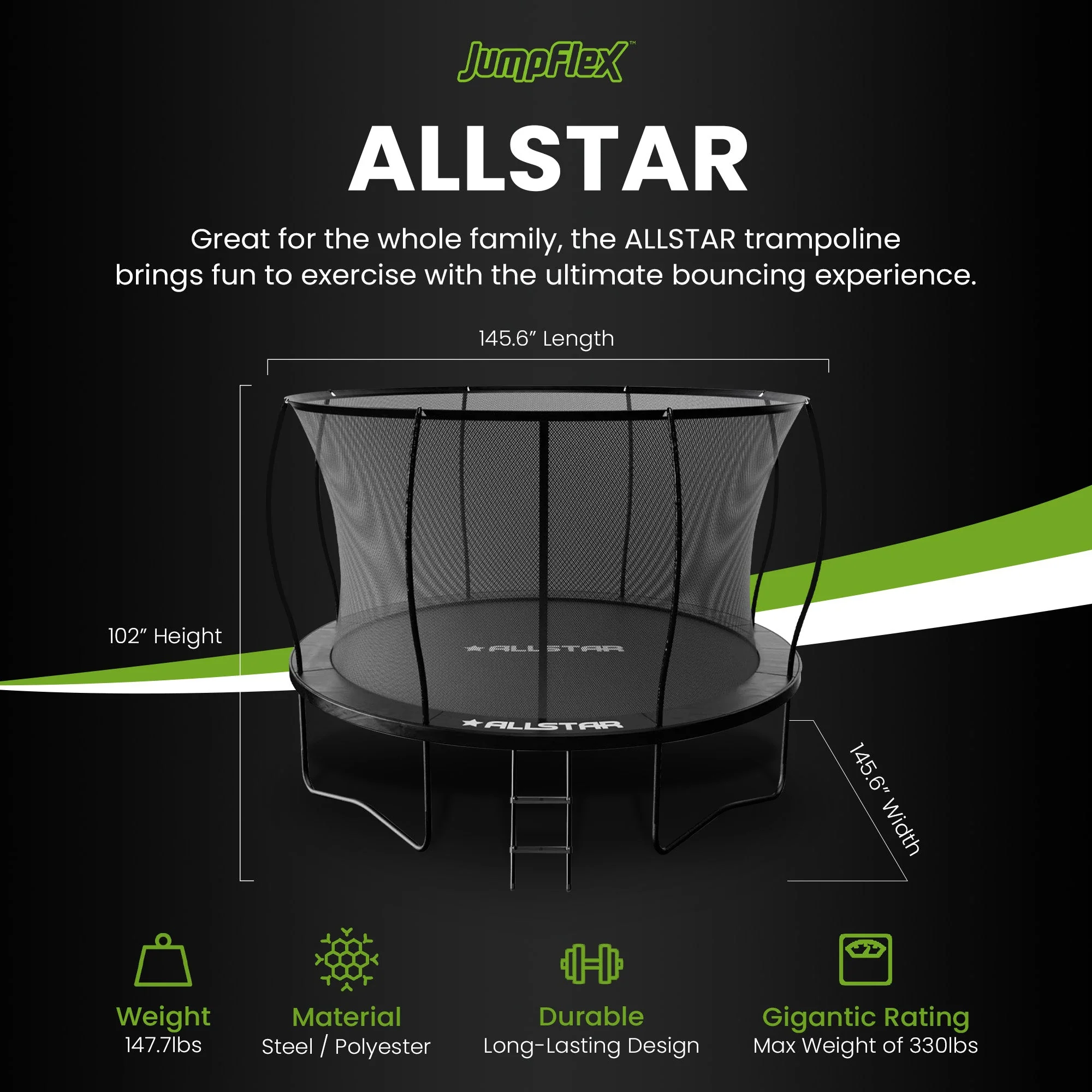 ALLSTAR 12' Trampoline for Kids Outdoor Backyard Play Equipment w/ Net & Ladder - Image 2