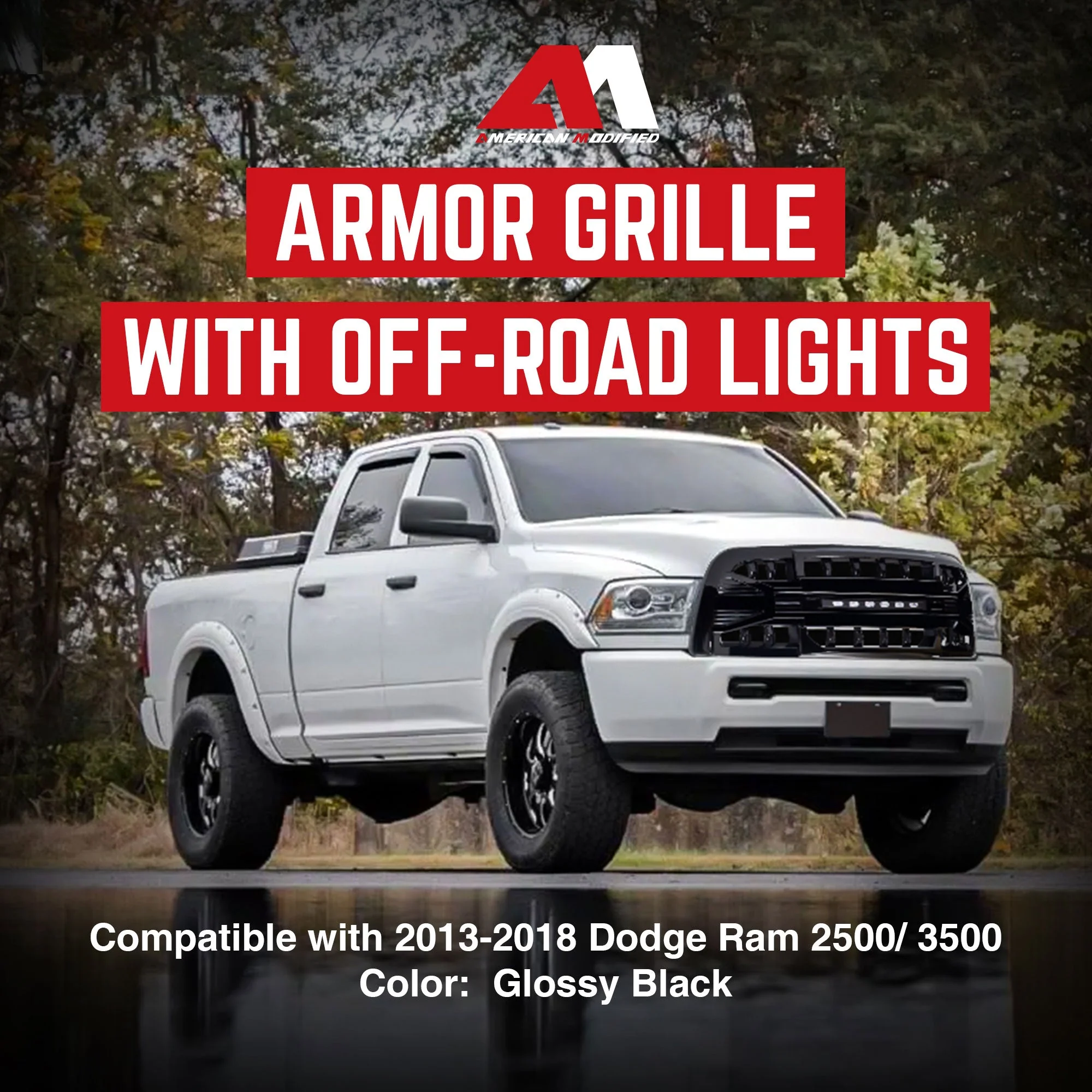 AMERICAN MODIFIED Armor Grille for 2013-2018 Dodge Ram 2500/3500, Glossy Black - Image 2