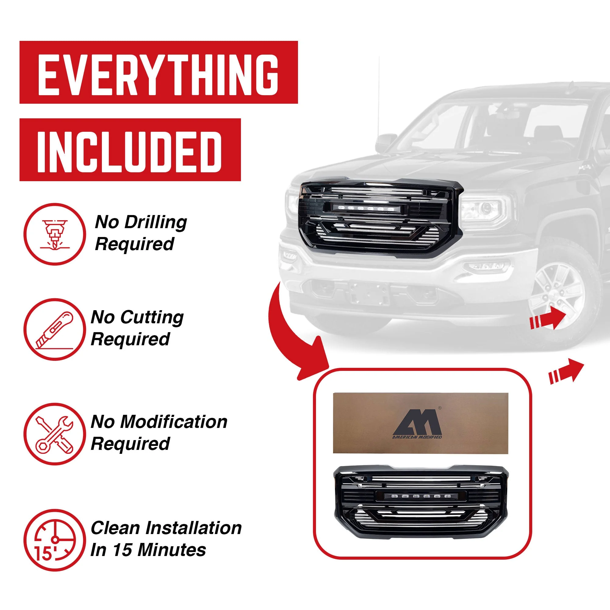 AMERICAN MODIFIED Armor Grille for 2016 to 2018 GMC Sierra 1500, Glossy Black - Image 4