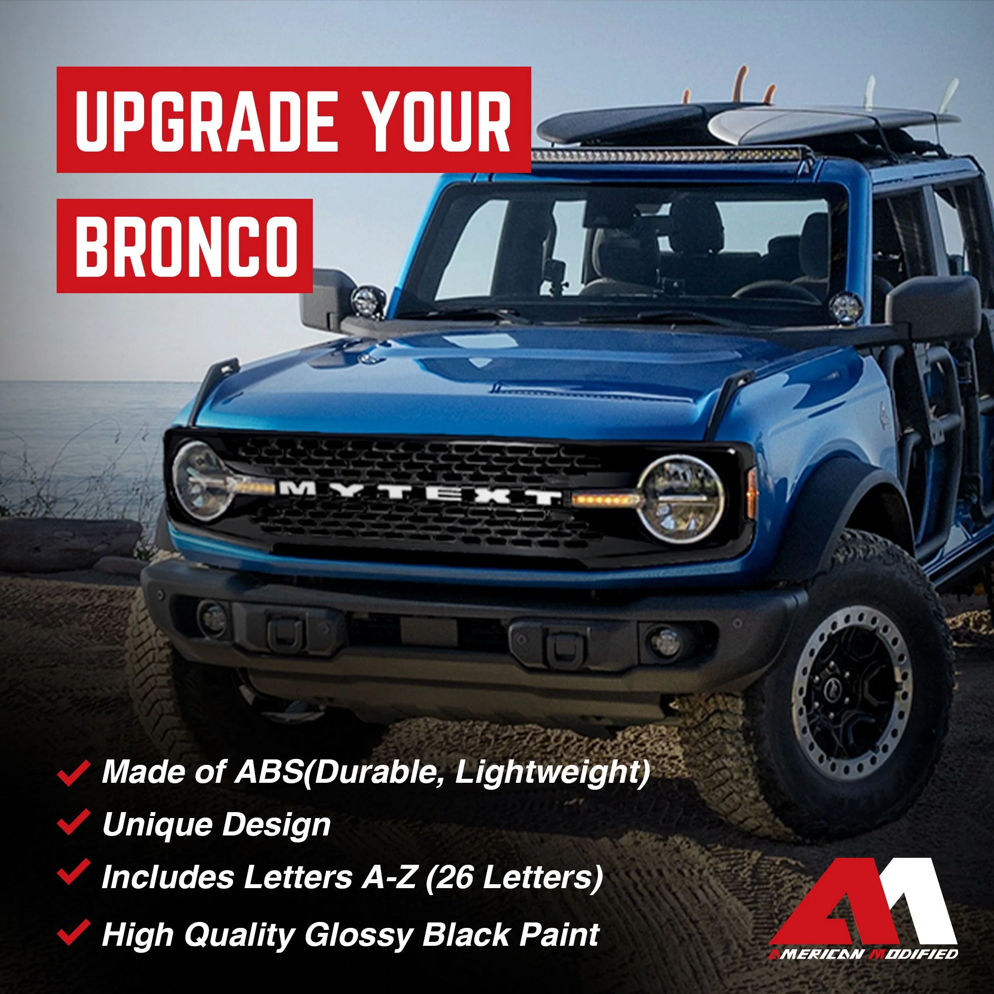 AMERICAN MODIFIED Armor Grille w/DIY Letters for 21-23 Ford Bronco, Glossy Black - Image 3