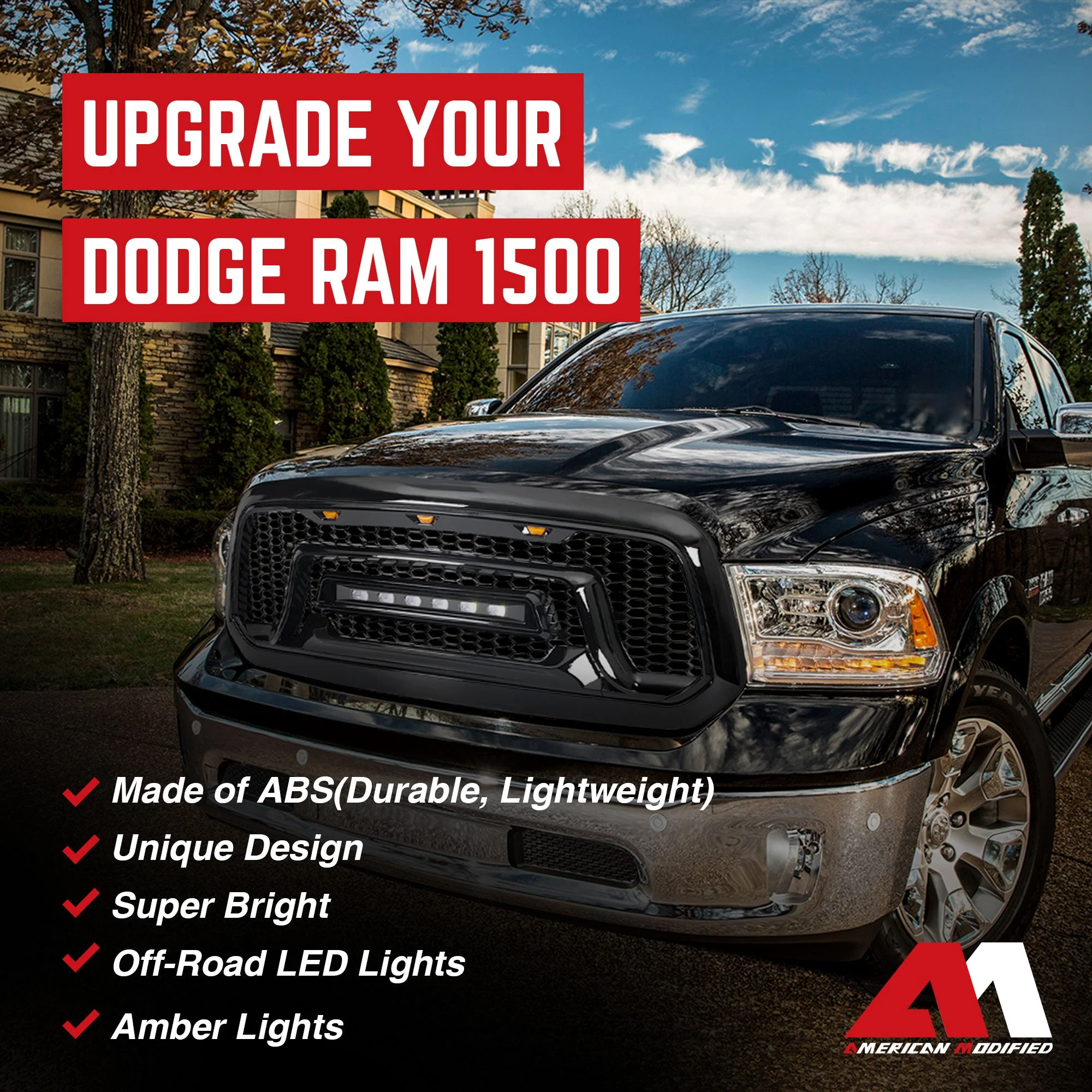 AMERICAN MODIFIED Front Armor Grille w/ Off Road Lights for 13-18 Dodge Ram 1500 - Image 3