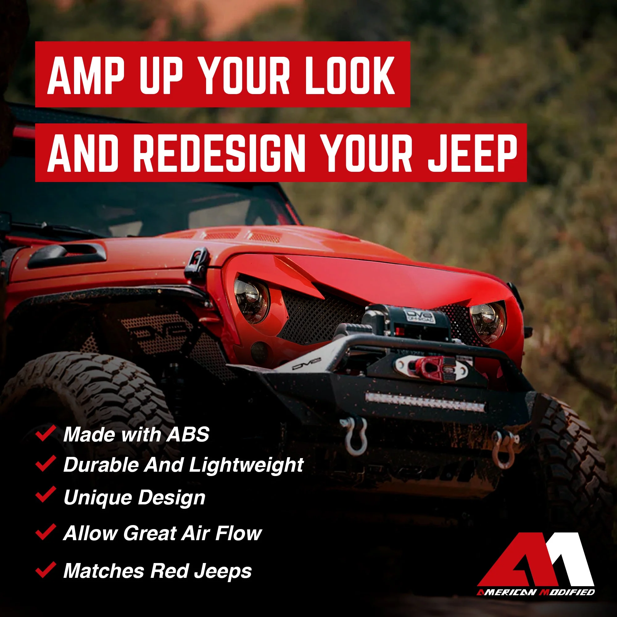 AMERICAN MODIFIED Hawke Front Replacement Grille for 07-18 Jeep Wrangler JK, Red - Image 3