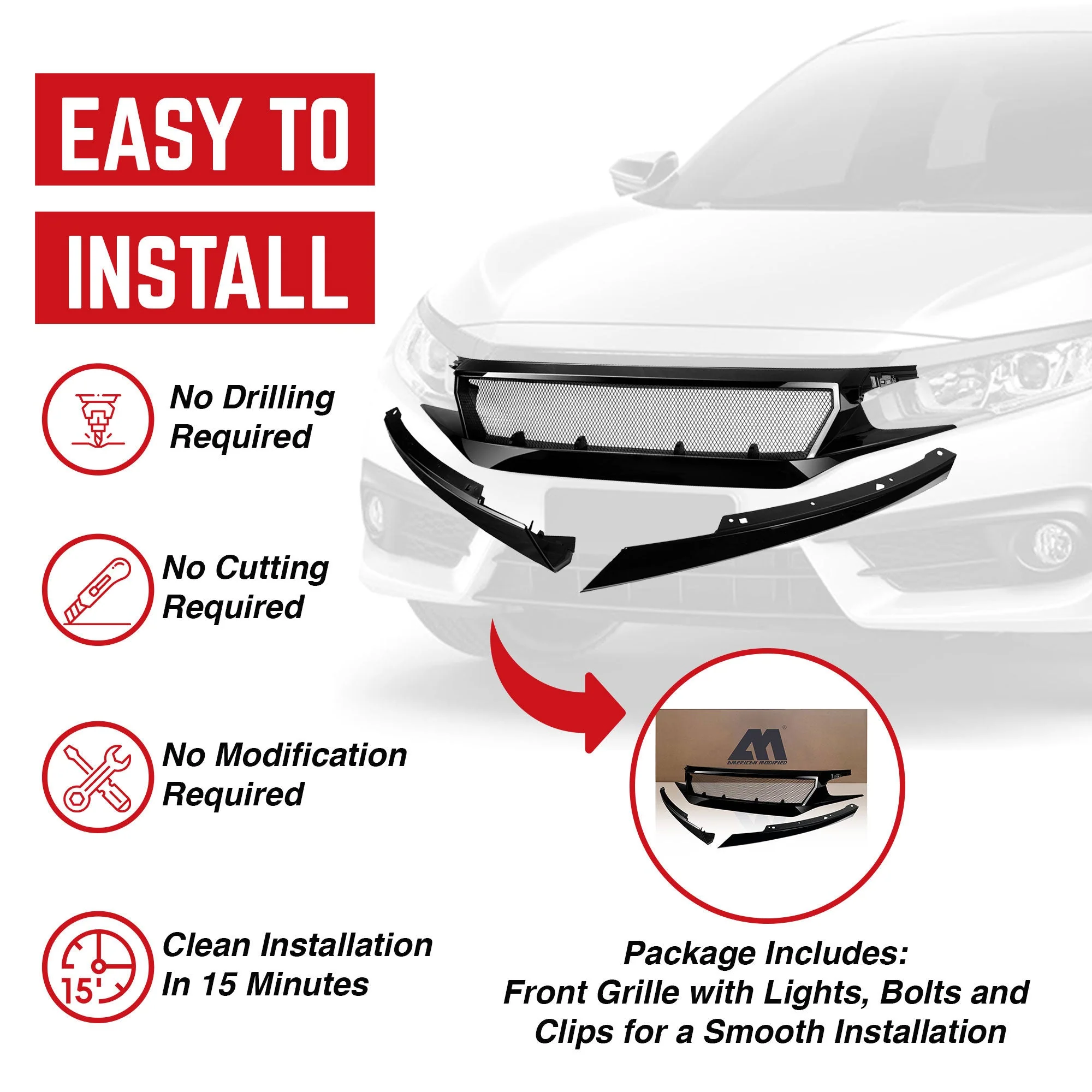 AMERICAN MODIFIED Sports Grille for 2016 to 2021 Honda Civic/Sedan/Hatchback/FK8 - Image 3