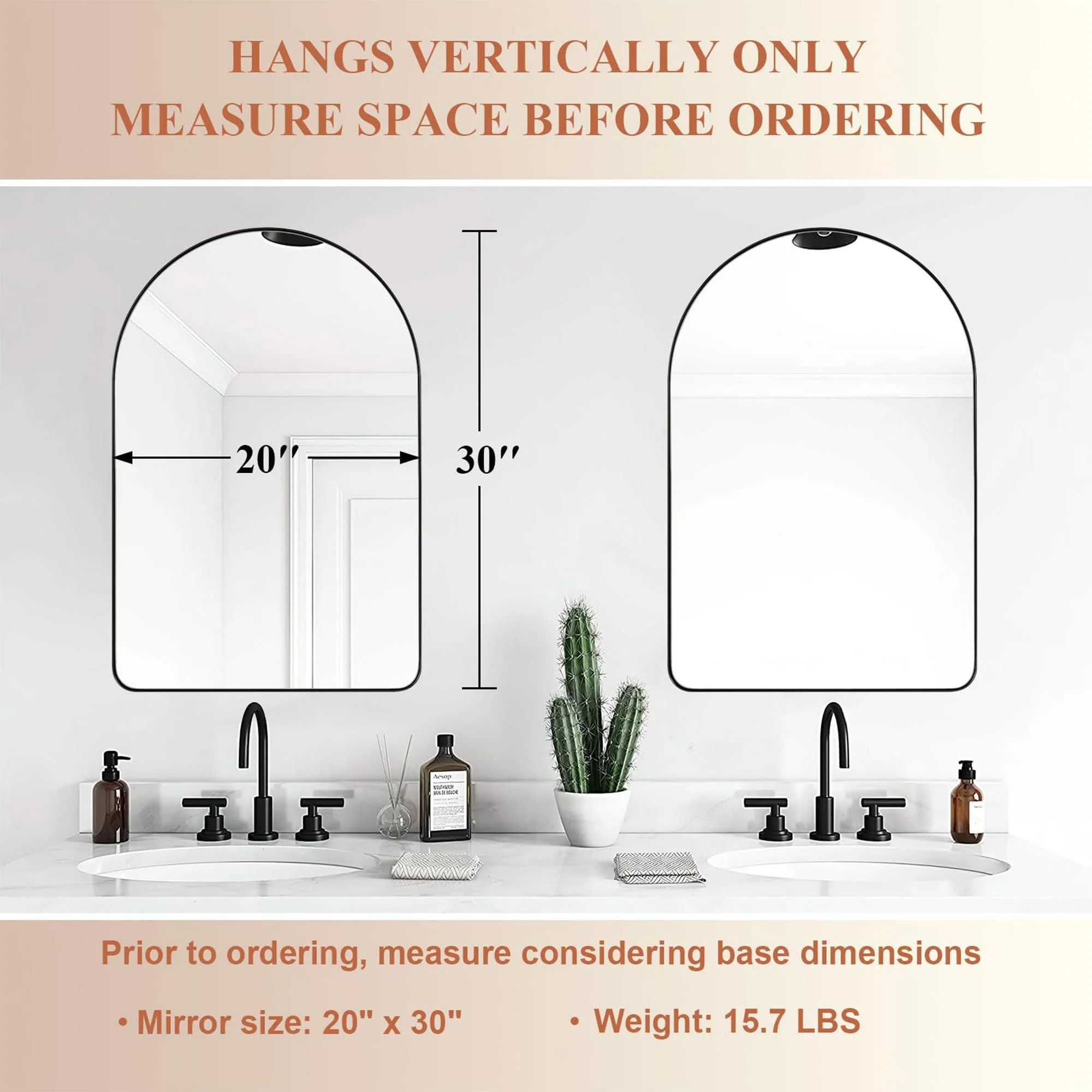 ANDY STAR 20 x 30 Inch Arched Wall Mounted Vanity Mirror with Steel Frame, Black - Image 2