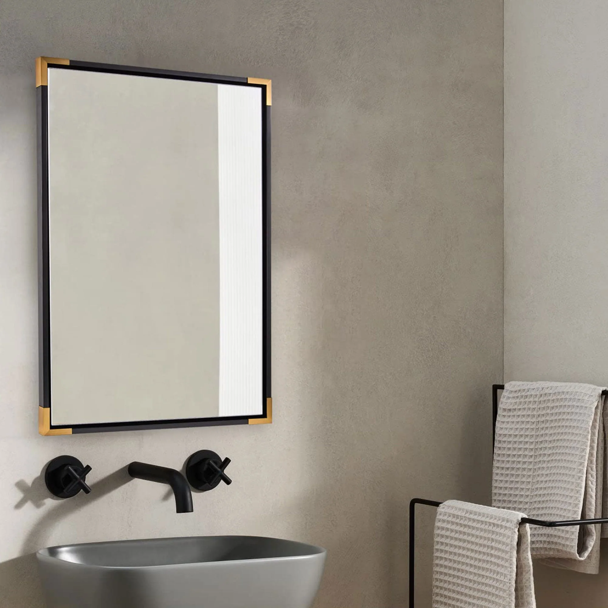 ANDY STAR 30 x 40 Inch Rectangular Wood Framed Vanity Mirror, Black and Gold - Image 5