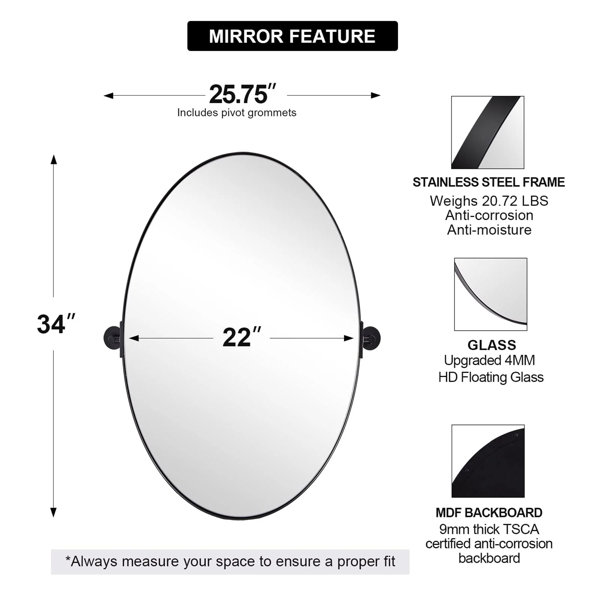 ANDY STAR Modern 22 x 34 Inch Oval Wall Hanging Bathroom Mirror, Matte Black - Image 2