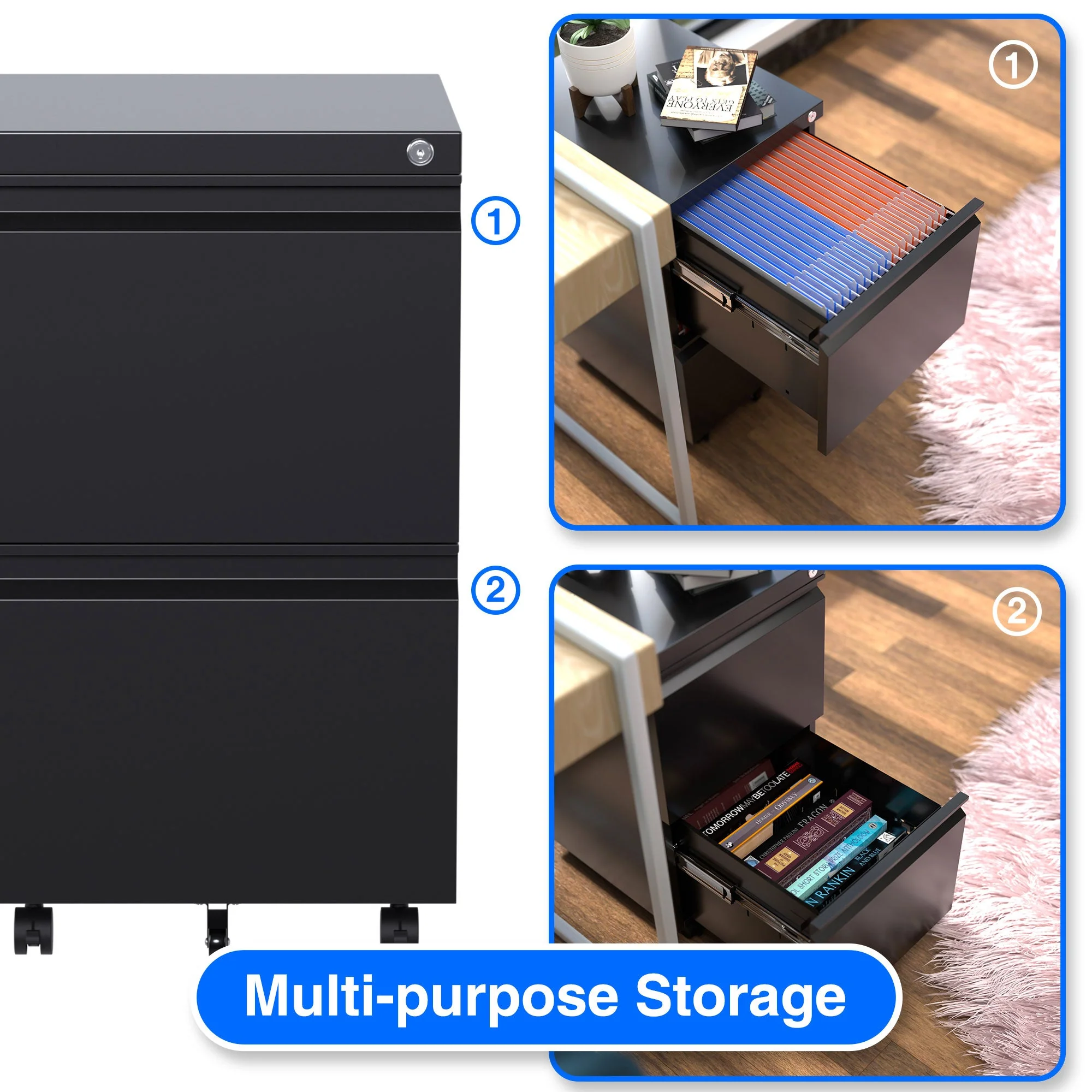 AOBABO 2 Drawer Mobile Metal Organizer Filing Cabinet, Fully Assembled, Black - Image 4