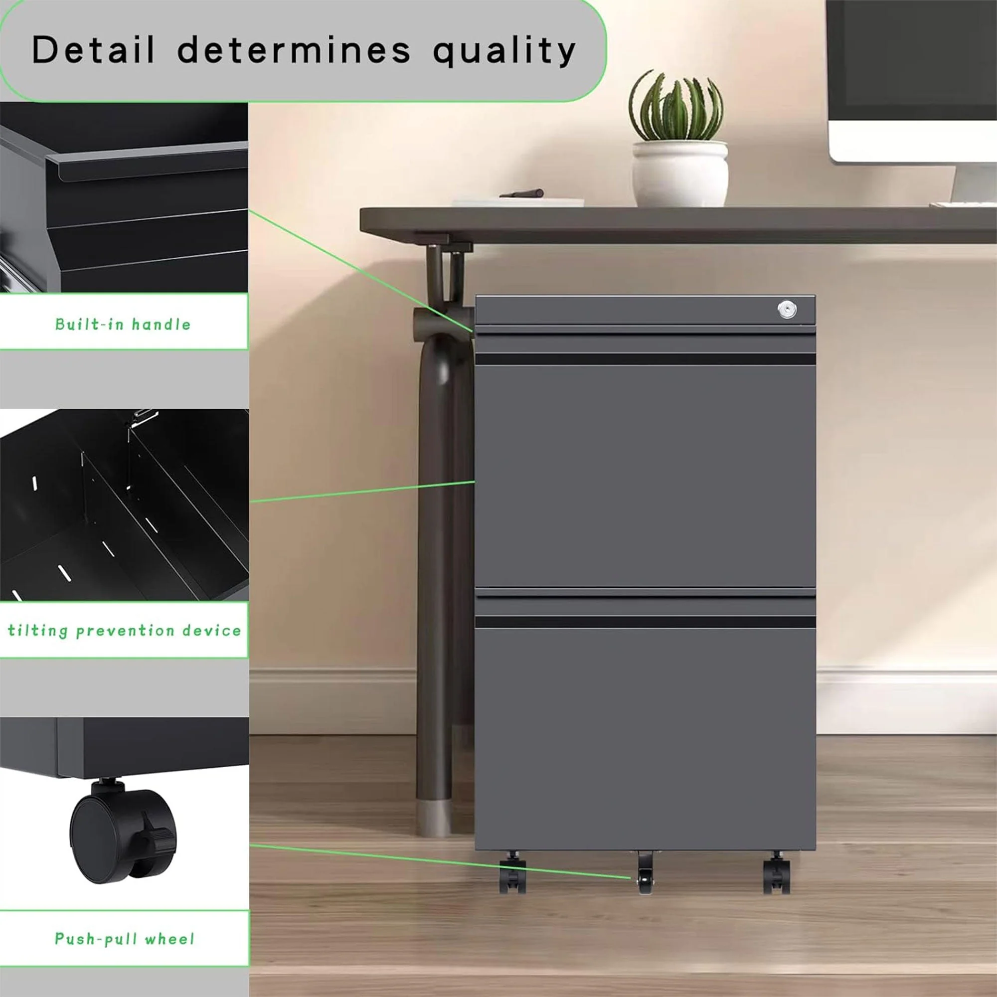 AOBABO 2 Drawer Mobile Metal Organizer Filing Cabinet, Fully Assembled, Black - Image 5