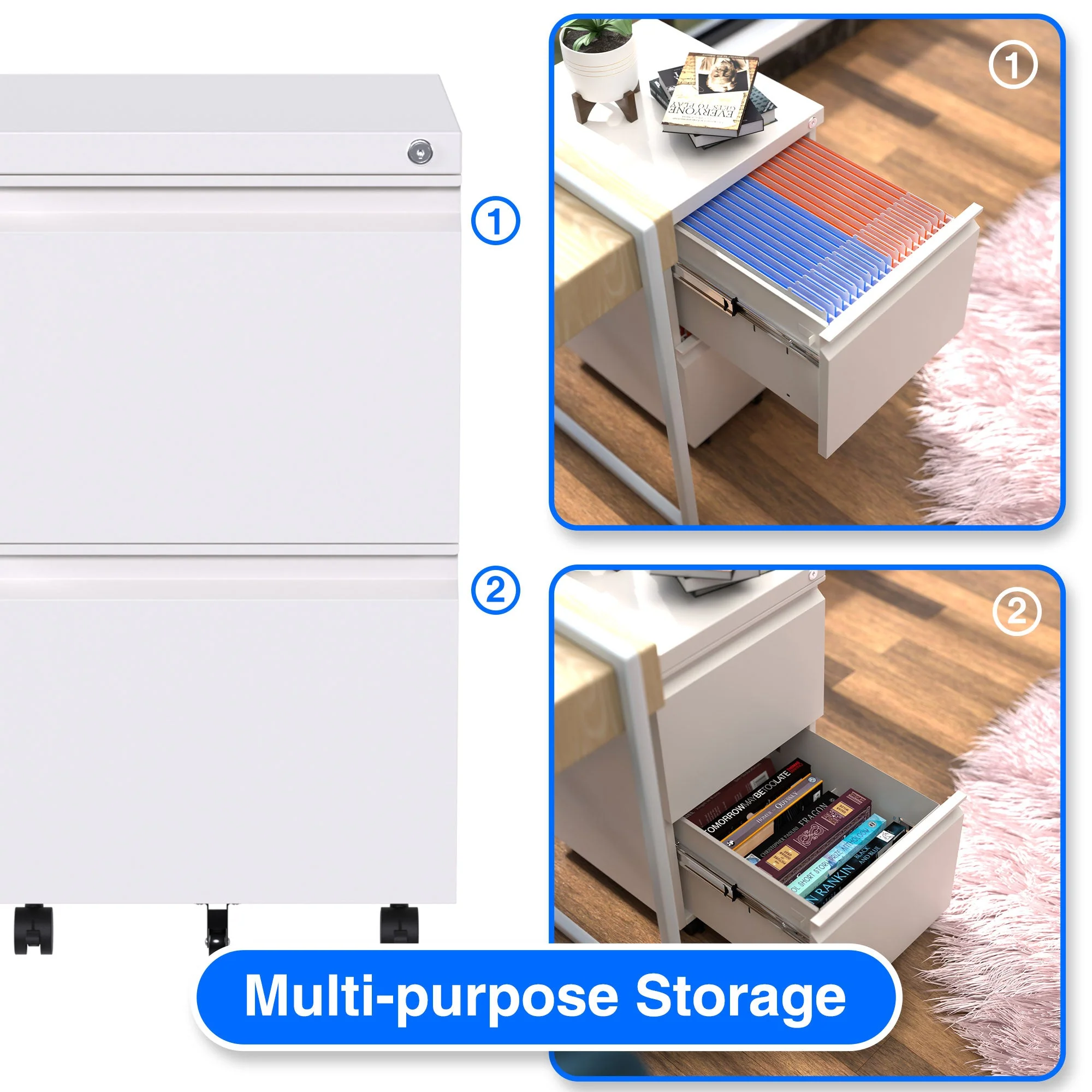 AOBABO 2 Drawer Mobile Metal Organizer Filing Cabinet, Fully Assembled, White - Image 4