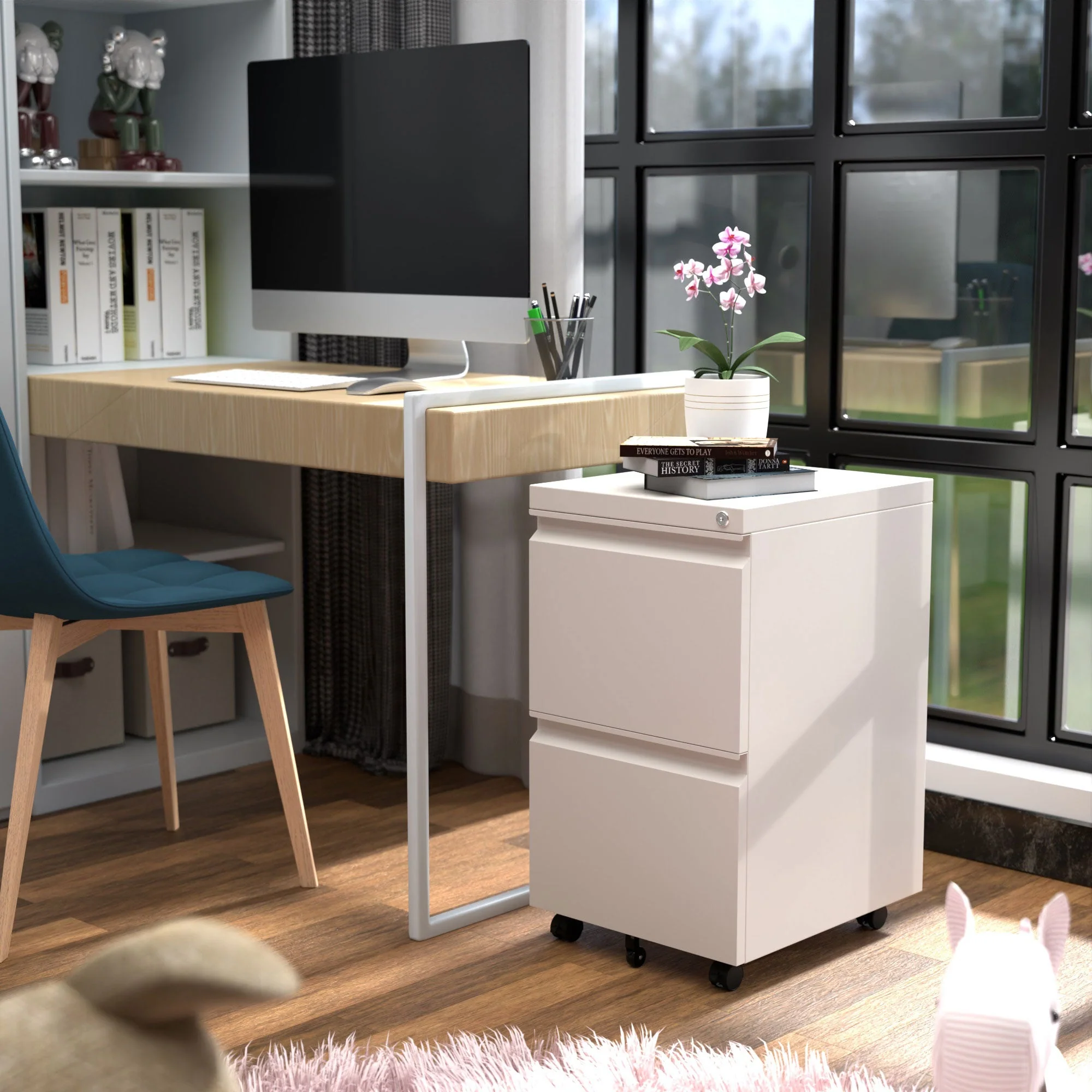 AOBABO 2 Drawer Mobile Metal Organizer Filing Cabinet, Fully Assembled, White - Image 6
