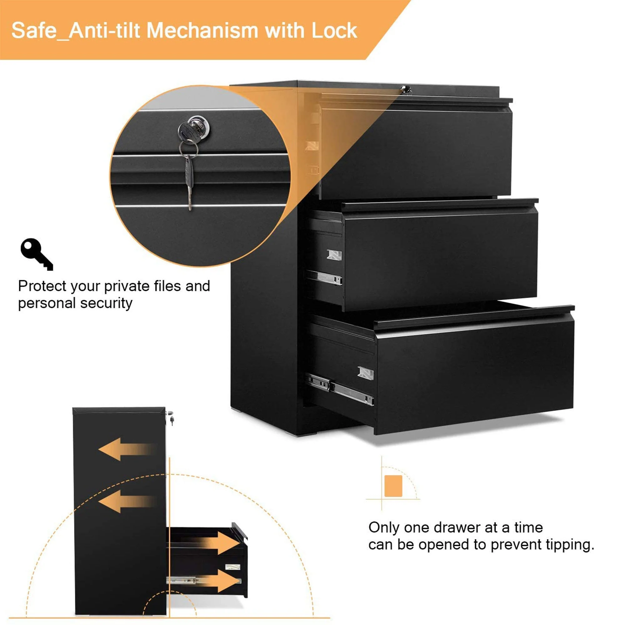 AOBABO 3 Drawer Lateral File Cabinet w/ Lock for Letter/Legal Size Paper, Black - Image 4