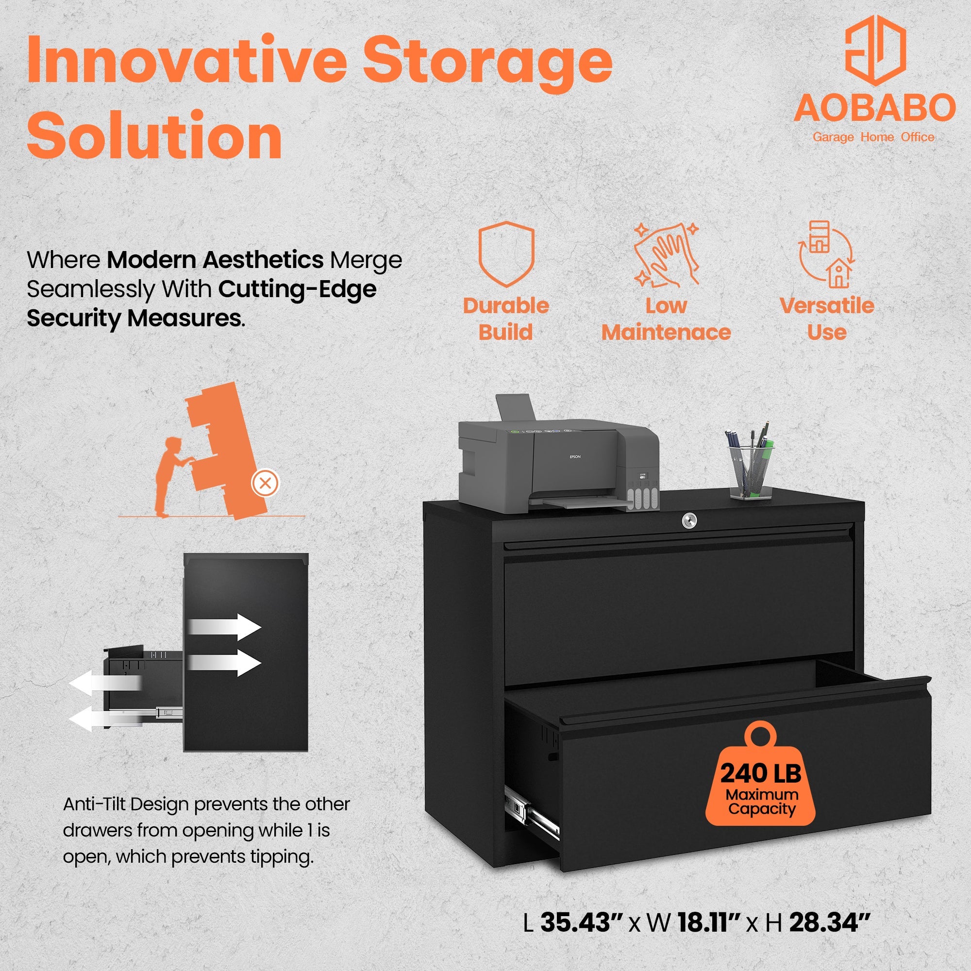 AOBABO 35 Inch Locking 2 Drawer Metal Office Storage Filing Cabinet, Black - Image 3