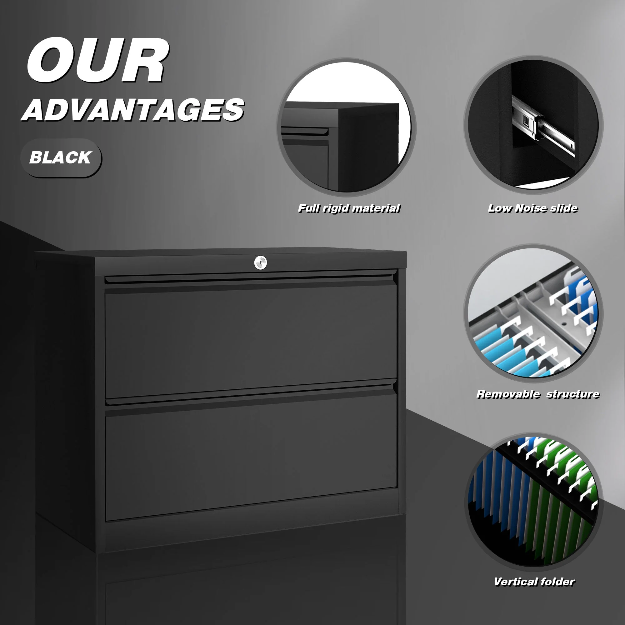 AOBABO 35 Inch Locking 2 Drawer Metal Office Storage Filing Cabinet, Black - Image 7