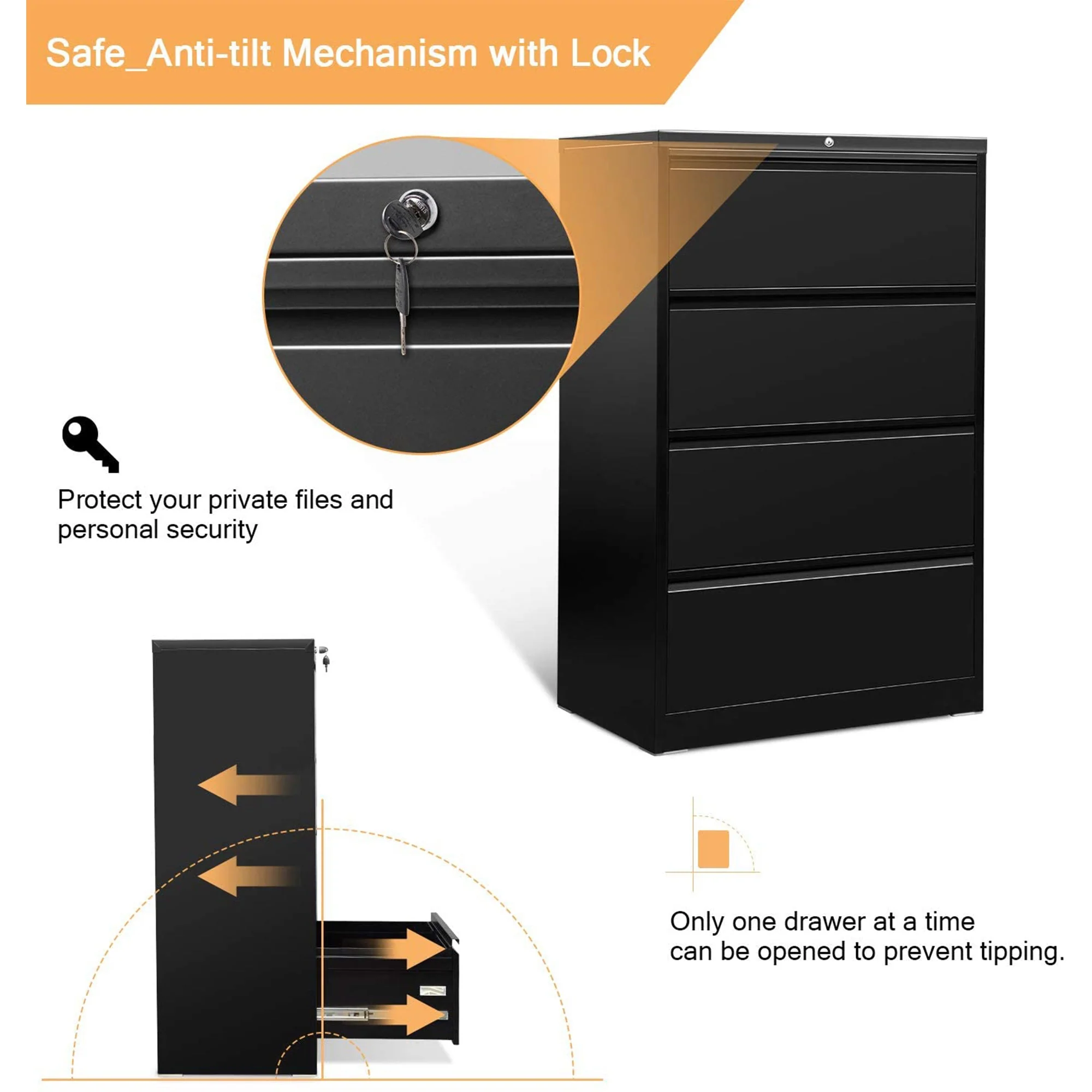 AOBABO 4 Drawer Lateral File Cabinet w/ Lock for Letter/Legal Size Paper, Black - Image 3