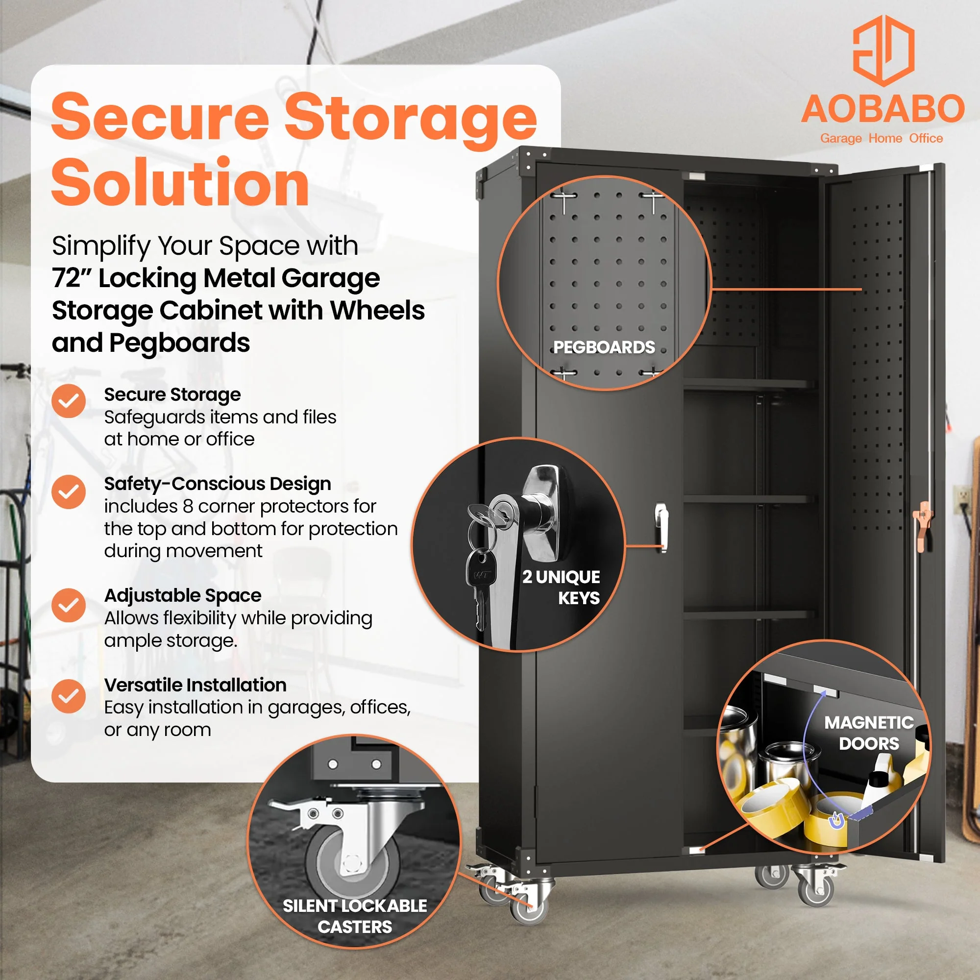 AOBABO 72 Inch Locking Metal Garage Storage Cabinet w/ Wheels & Pegboards, Black - Image 3