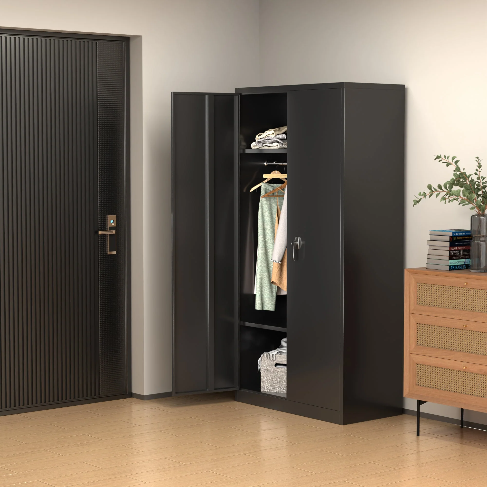 AOBABO Large Metal Storage Cabinet with Adjustable Shelf and Cloth Rail, Black - Image 5