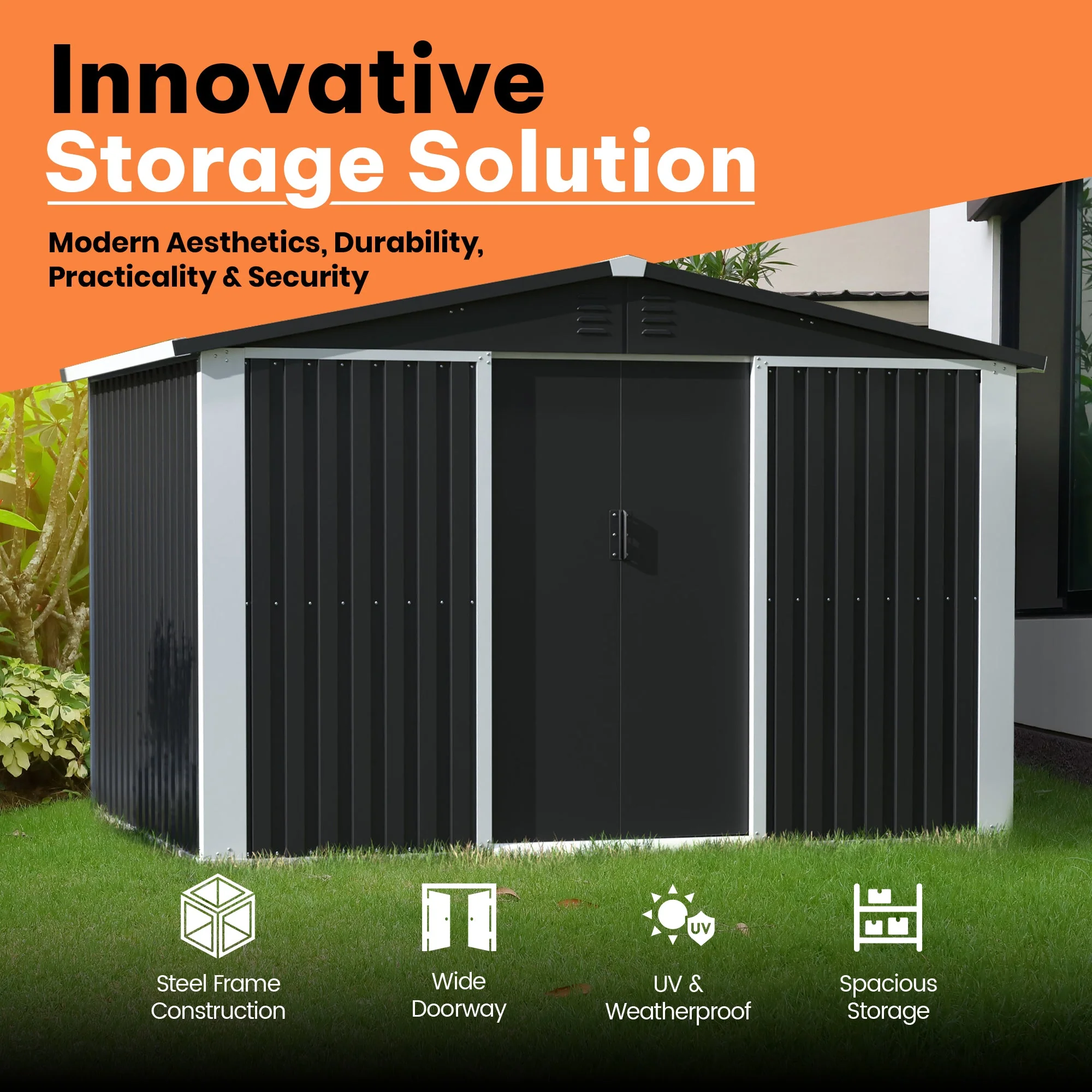 AOBABO Metal 6' x 8' Outdoor Utility Tool Storage Shed with Door and Lock, Black - Image 3