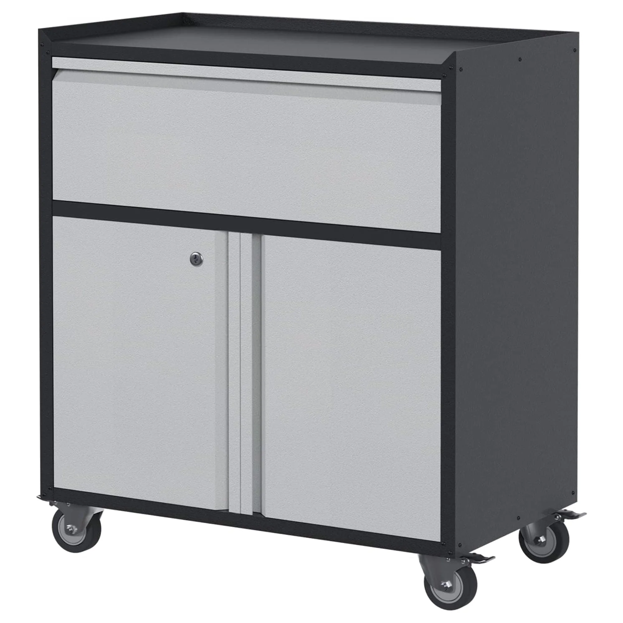 AOBABO Steel Lockable Wheeled Storage Cabinet w/Drawer & Shelves, Black/Grey - Image 7