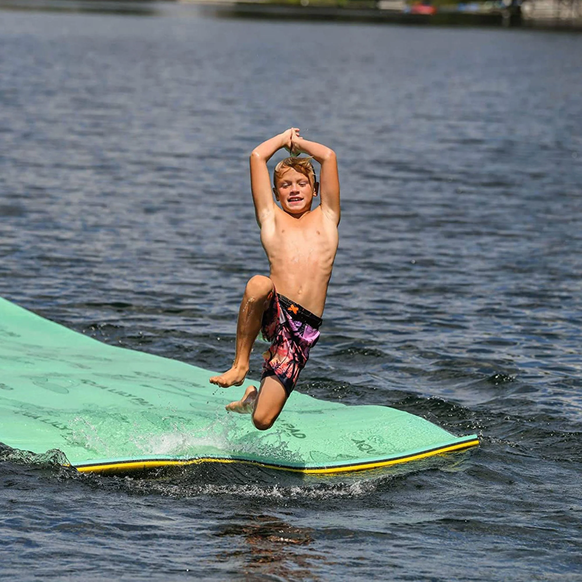 Aqua Lily Pad 15 Ft Bullfrog Water Playground Floating Foam Island, Green/Yellow - Image 3