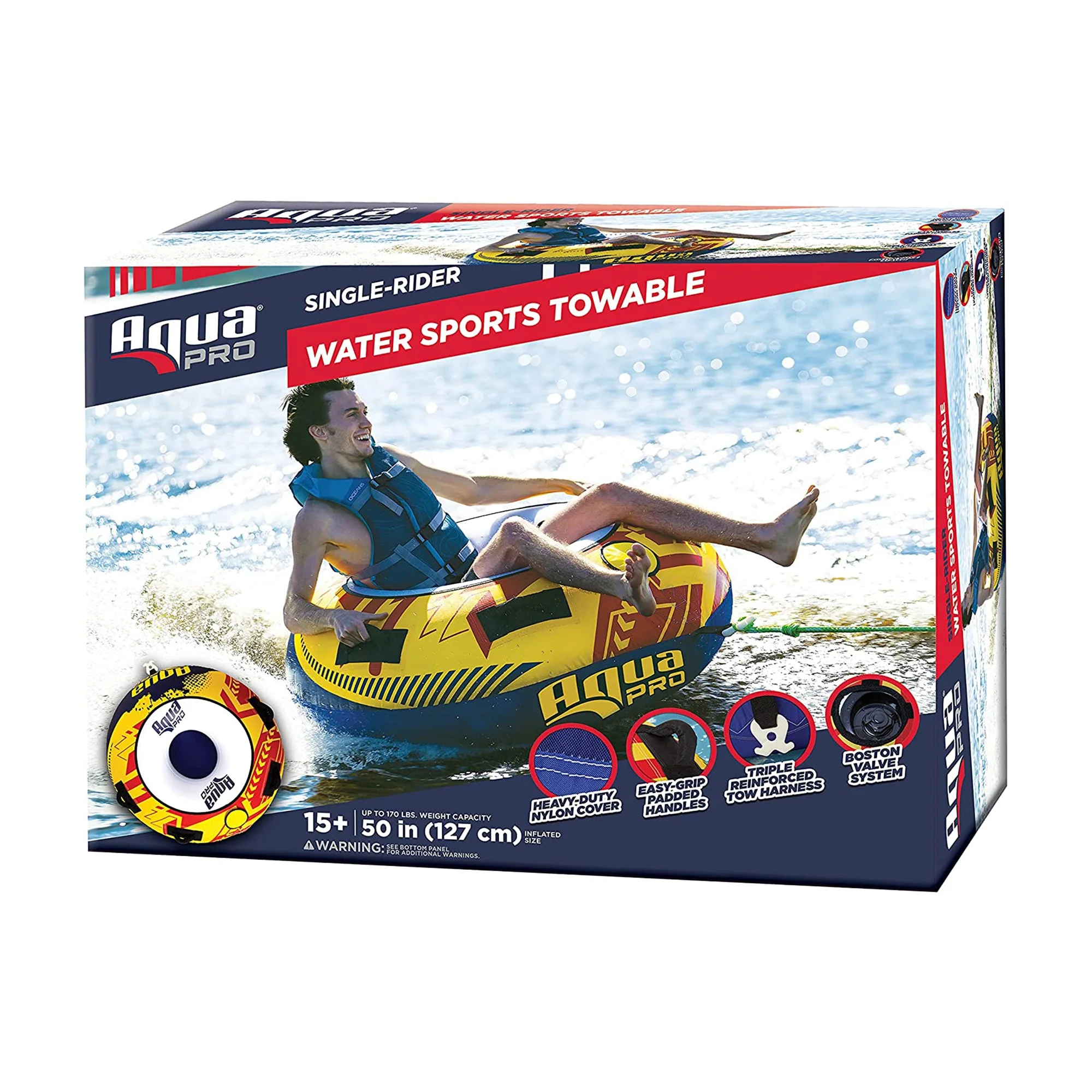 AquaPro 50 In Heavy Duty Nylon Deck Style Towable 1 Person Rider, Yellow and Red - Image 6