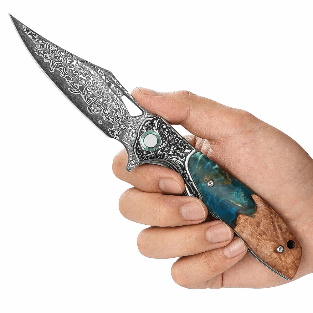 Ares Japanese Handmade Pocket Knife with Olive Burl Wood & Resin Handle - Image 5
