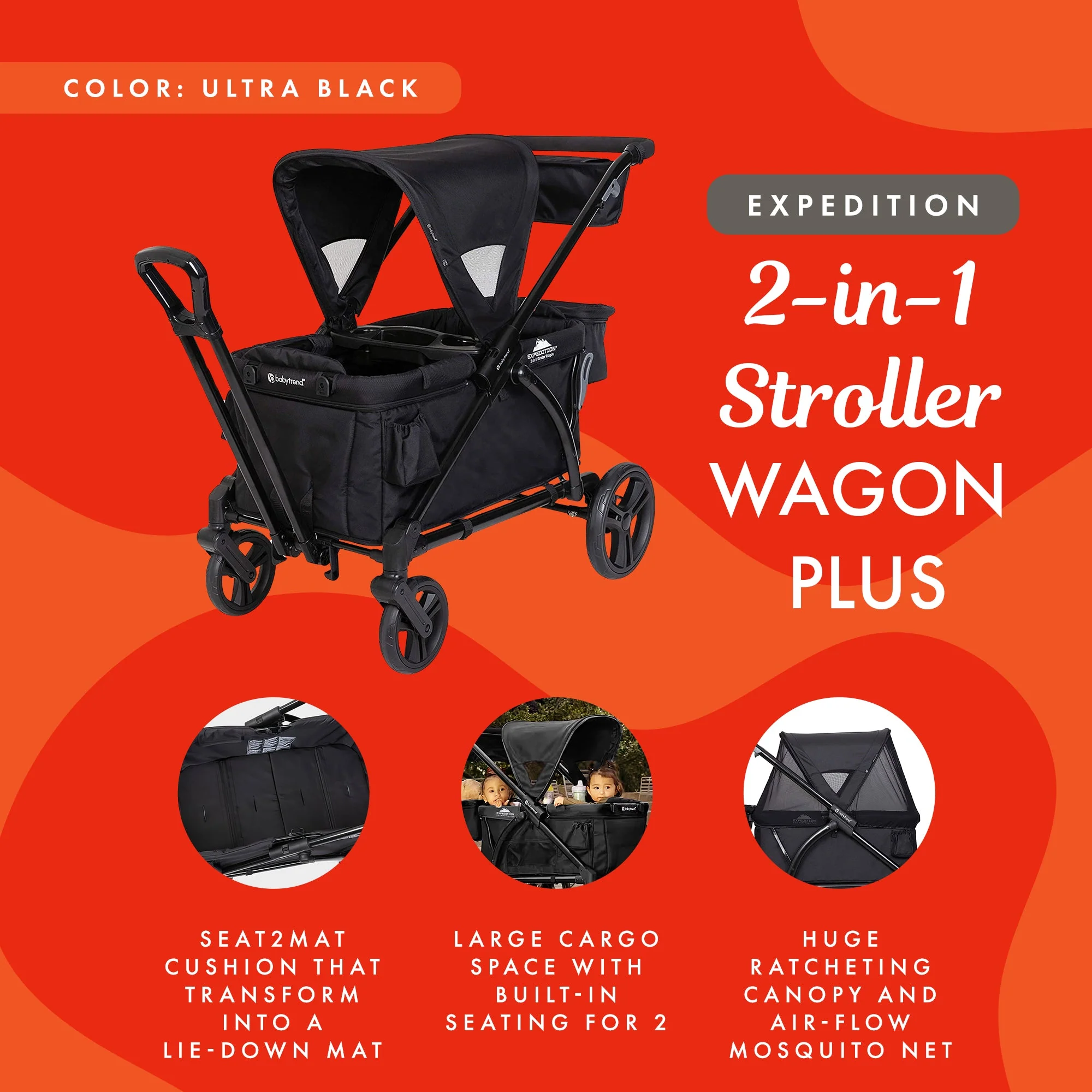 Baby Trend Expedition 2 in 1 Push or Pull Stroller Wagon Plus w/ Canopy, Black - Image 2