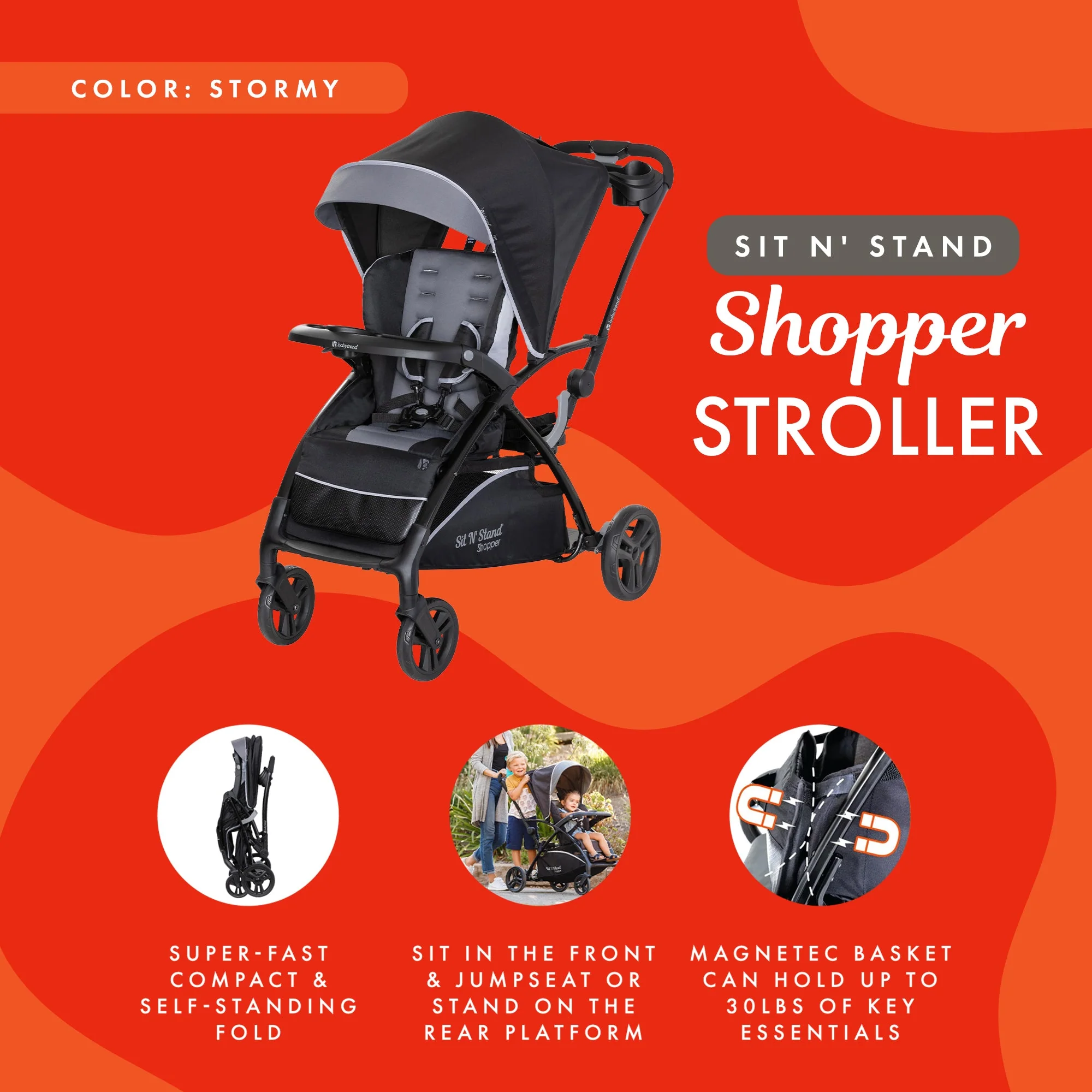Baby Trend Sit N' Stand 5 in 1 Shopper Stroller with Canopy and Basket, Stormy - Image 3