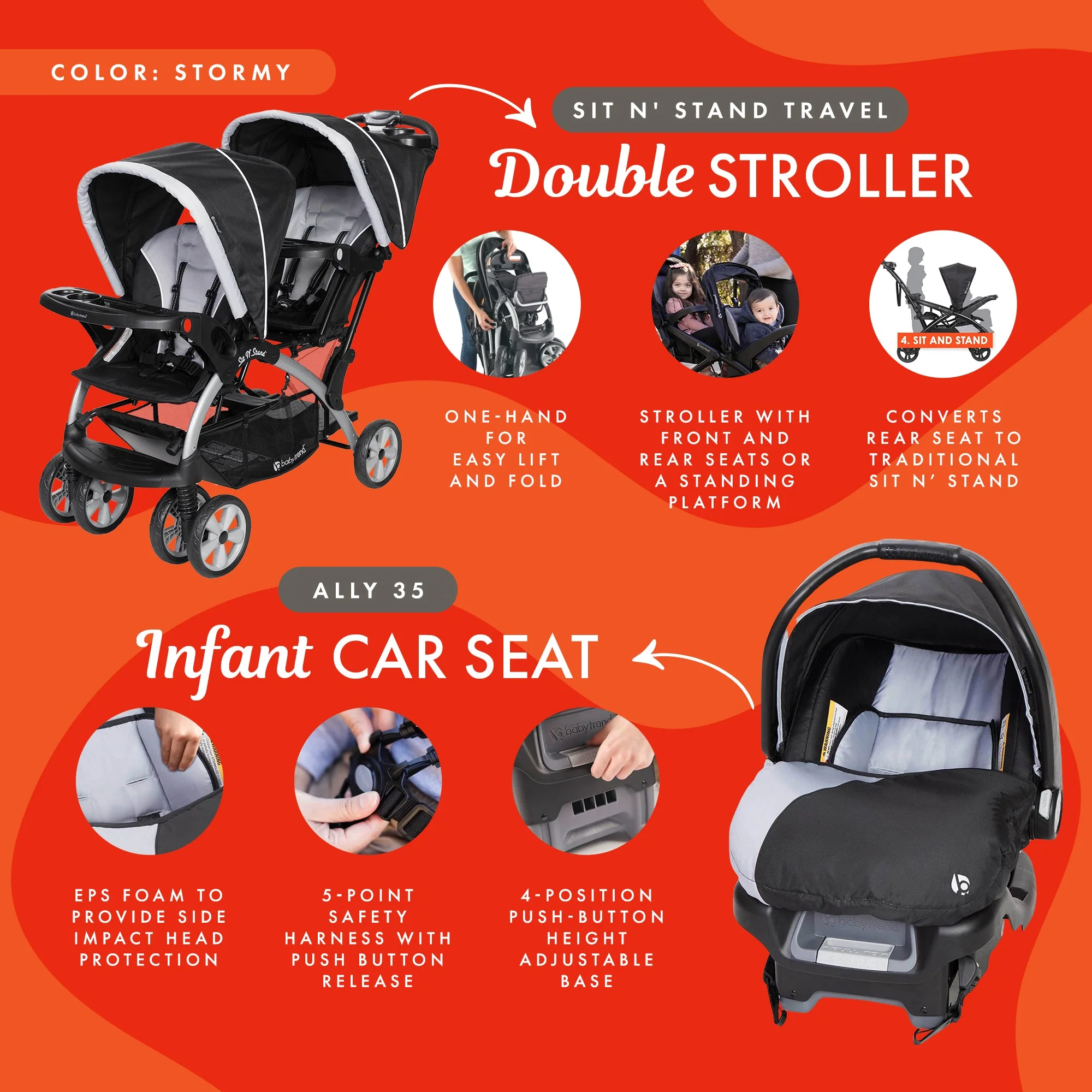 Baby Trend Sit N Stand Baby Double Stroller and 2 Infant Car Seat Combo, Stormy - Image 2