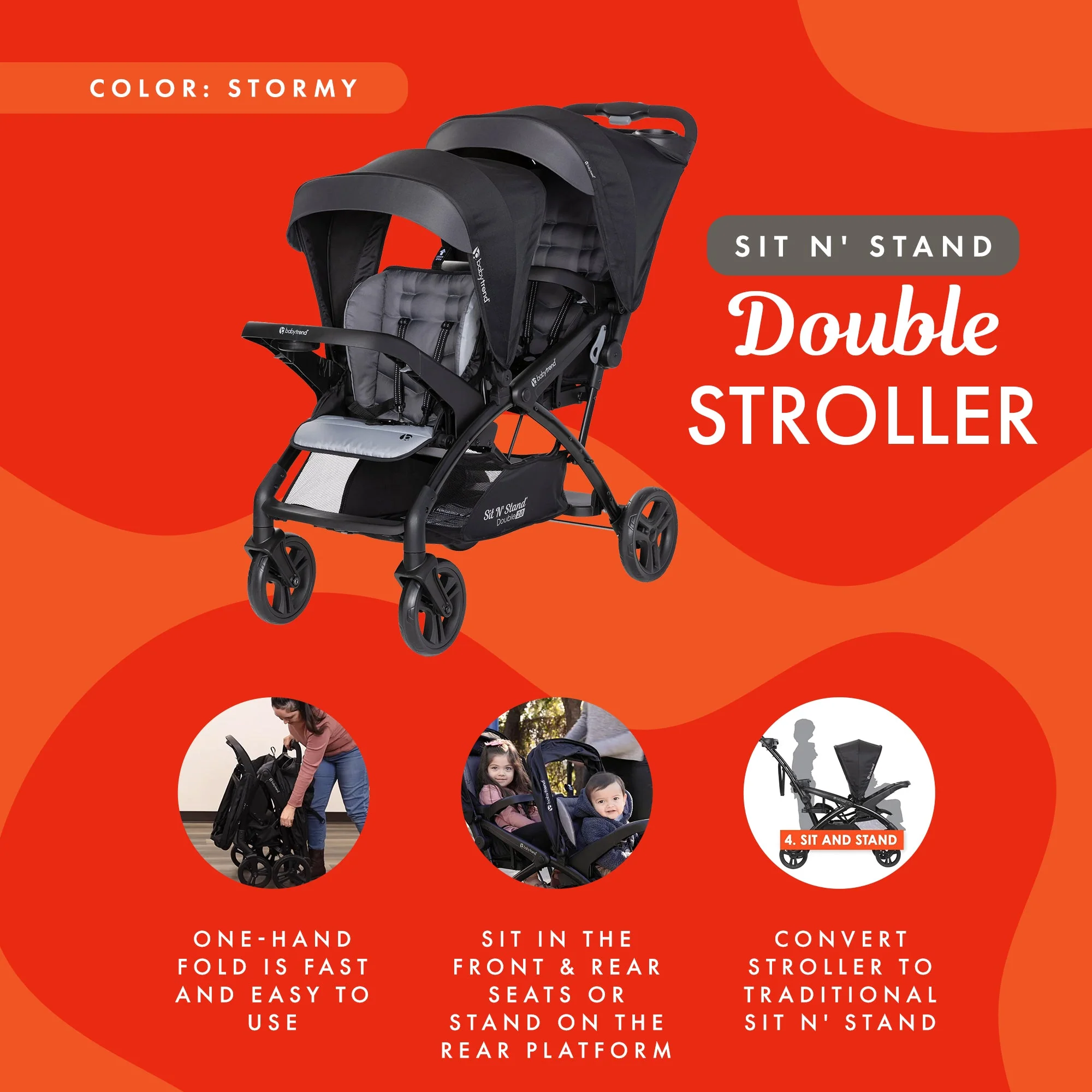 Baby Trend Sit N' Stand Double Stroller 2.0 DLX w/5 Point Safety Harness, Stormy - Image 2