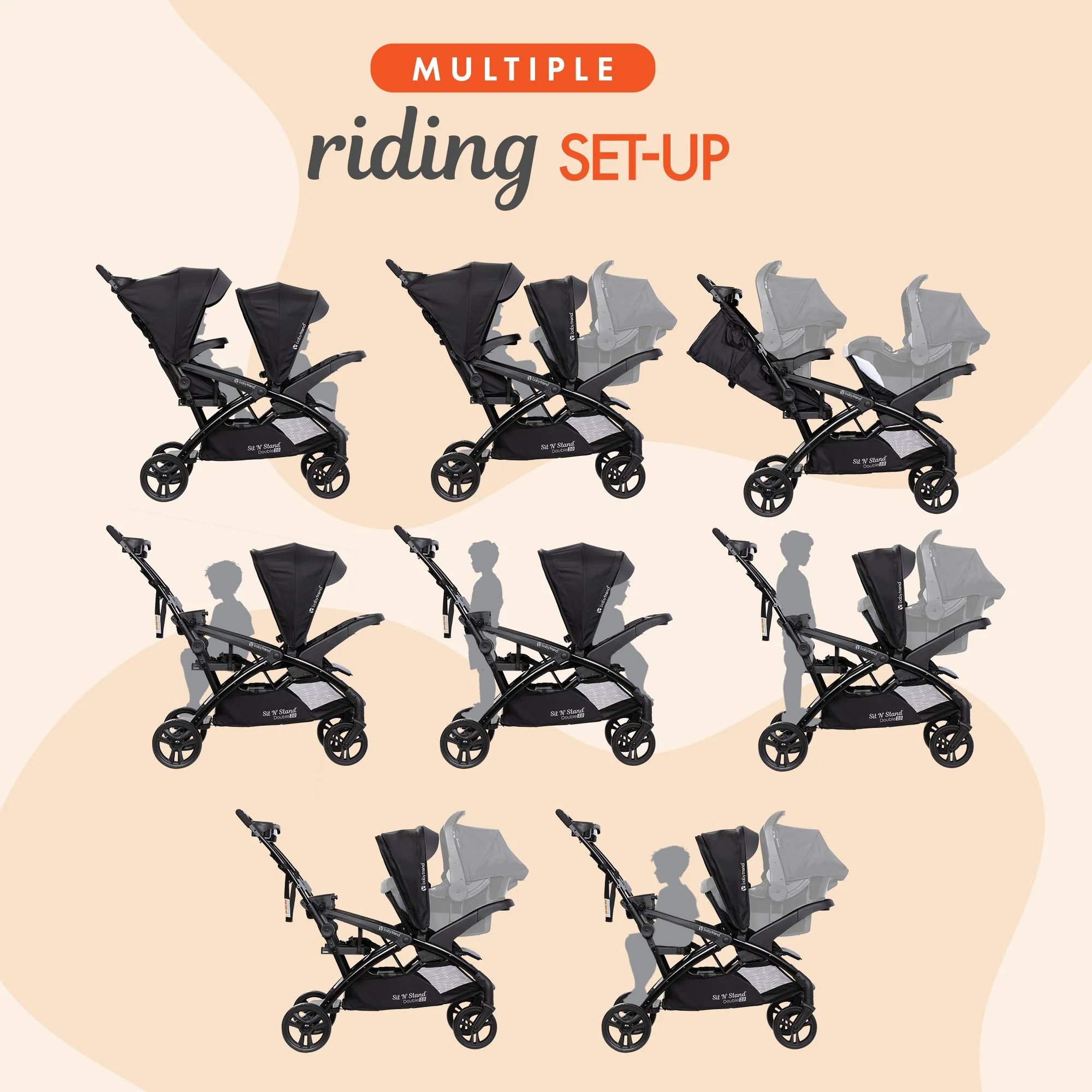 Baby Trend Sit N' Stand Double Stroller 2.0 DLX w/5 Point Safety Harness, Stormy - Image 6