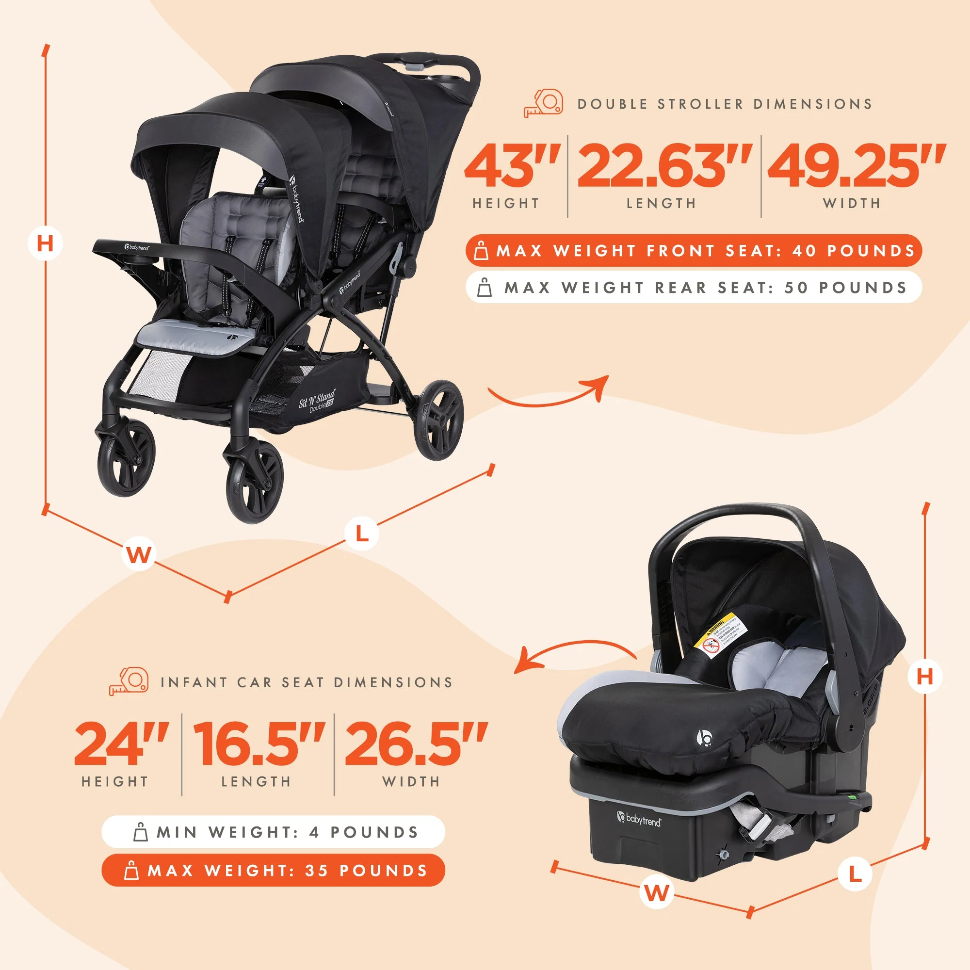 Baby Trend Sit N' Stand Double Stroller with EZ-Lift Car Seat (2 Pack), Stormy - Image 3