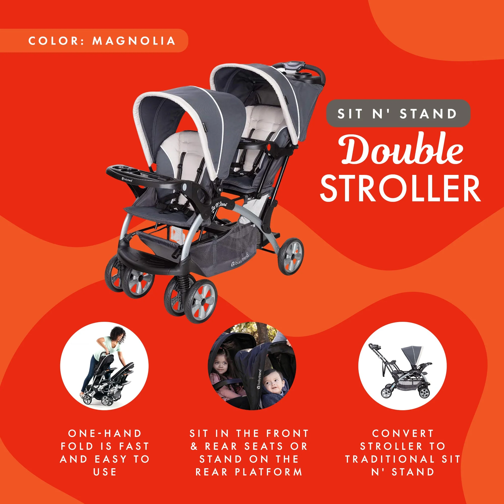Baby Trend Sit N' Stand Easy Fold Travel Toddler/Baby Double Stroller, Magnolia - Image 3