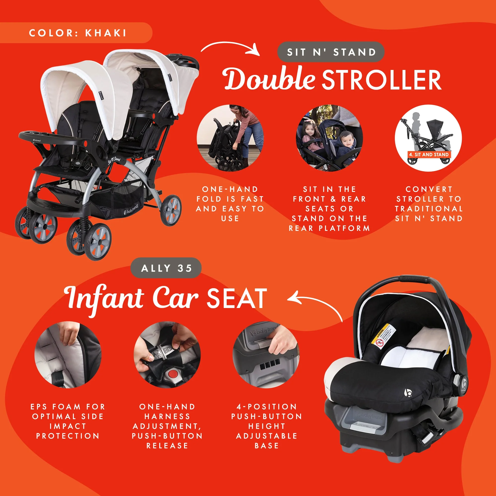 Baby Trend Sit N Stand Travel Double Baby Stroller and Car Seat Combo, Khaki - Image 2