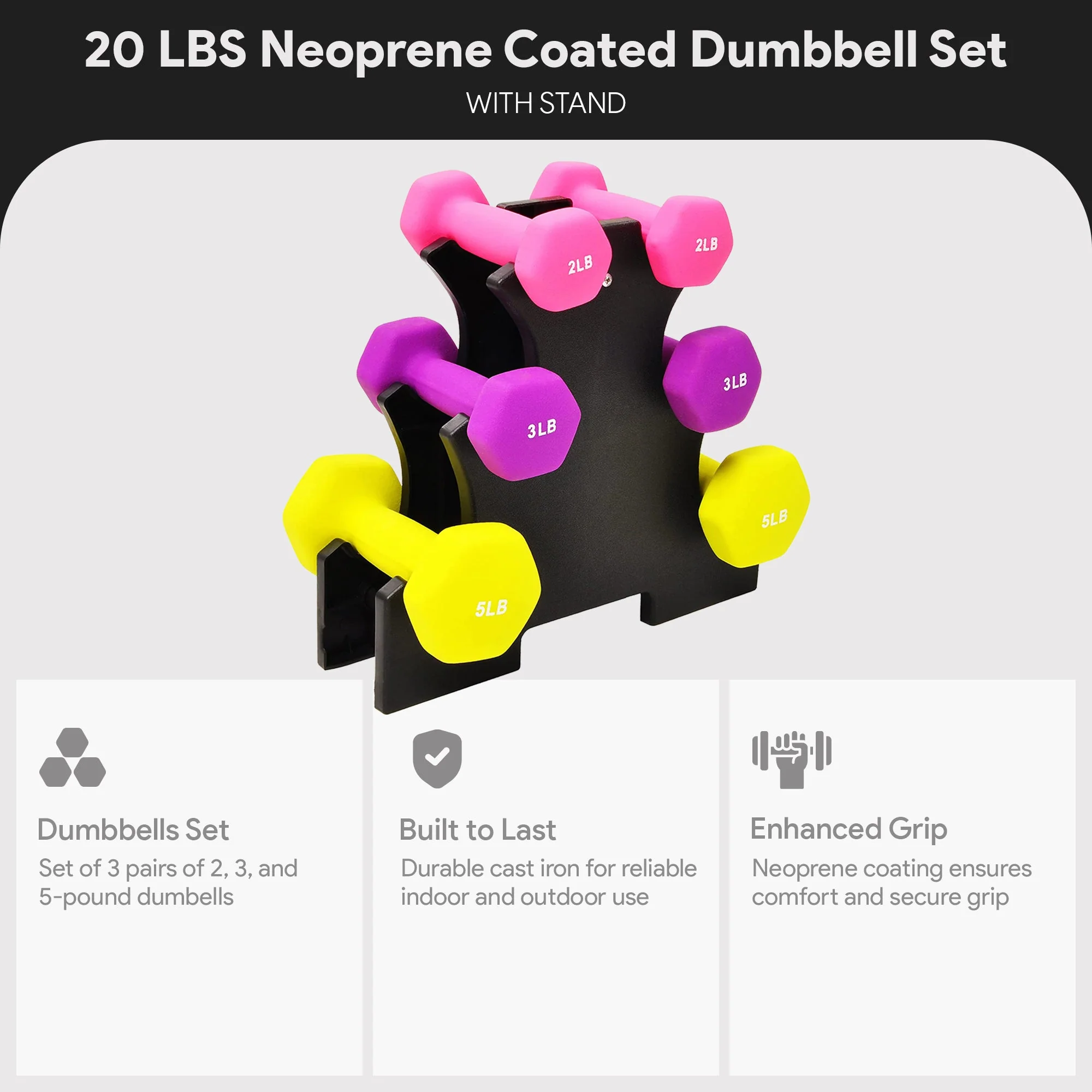 BalanceFrom Neoprene Dumbbell Set with Rack, Nonslip Coated Weights for Women and Men, Strength Training, Multiple Sizes and Colors - Image 2