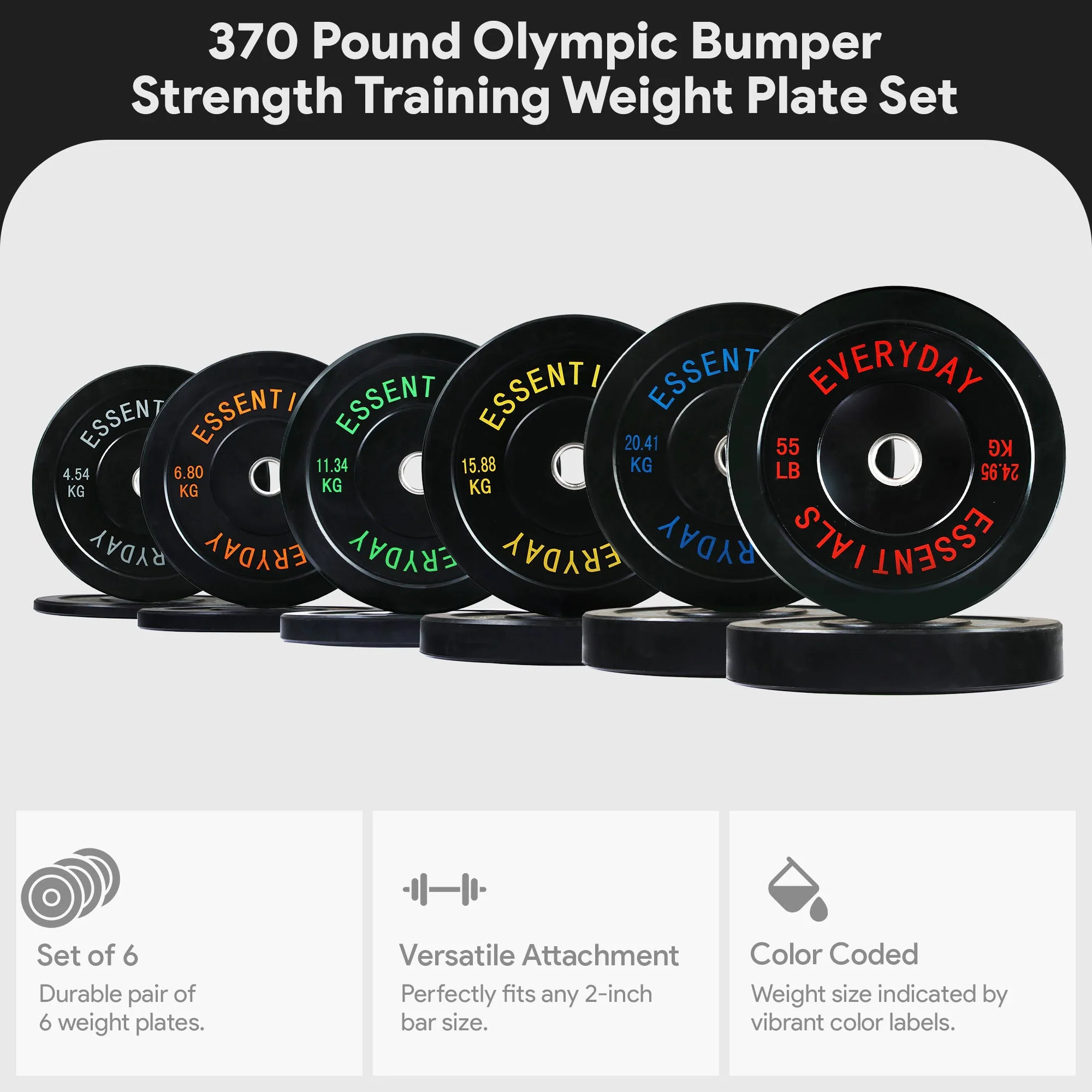 BalanceFrom Fitness 370 Pound Olympic Bumper Strength Training Weight Plate Set - Image 3